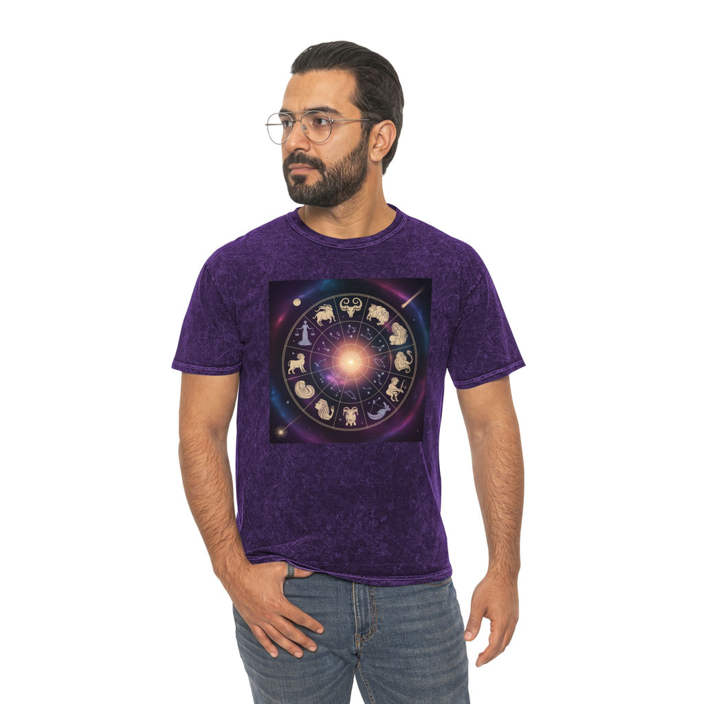 T-shirt délavé en minéral Roue du Zodiaque — T-shirt signes astrologiques cosmiques