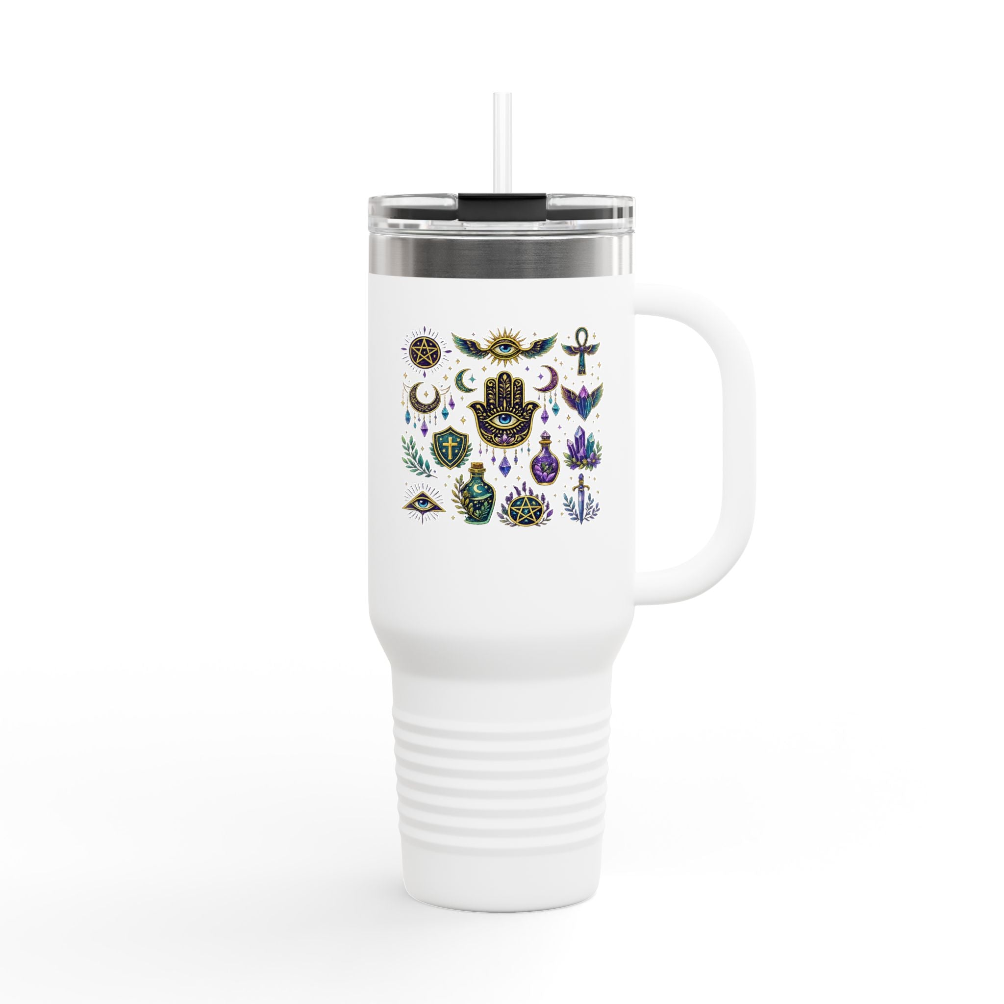40oz Insulated Travel Mug — Mystical Symbols Floral Hamsa Stainless Steel Tumbler
