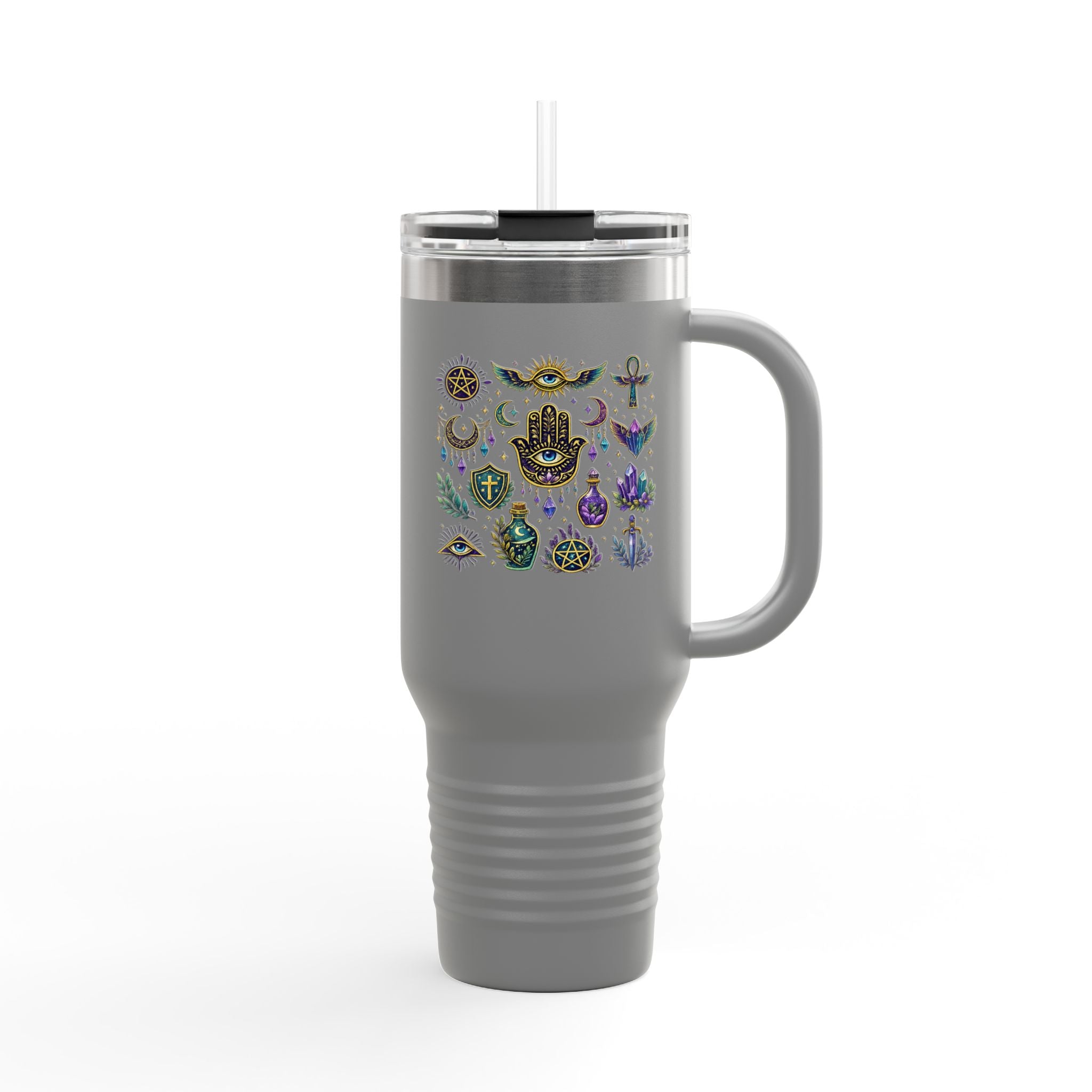 40oz Insulated Travel Mug — Mystical Symbols Floral Hamsa Stainless Steel Tumbler