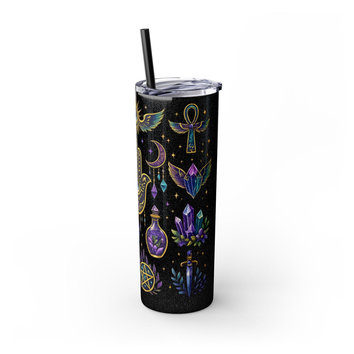 Mystic Symbols 20oz Skinny Tumbler with Straw — Hamsa, All-Seeing Eye & Moon