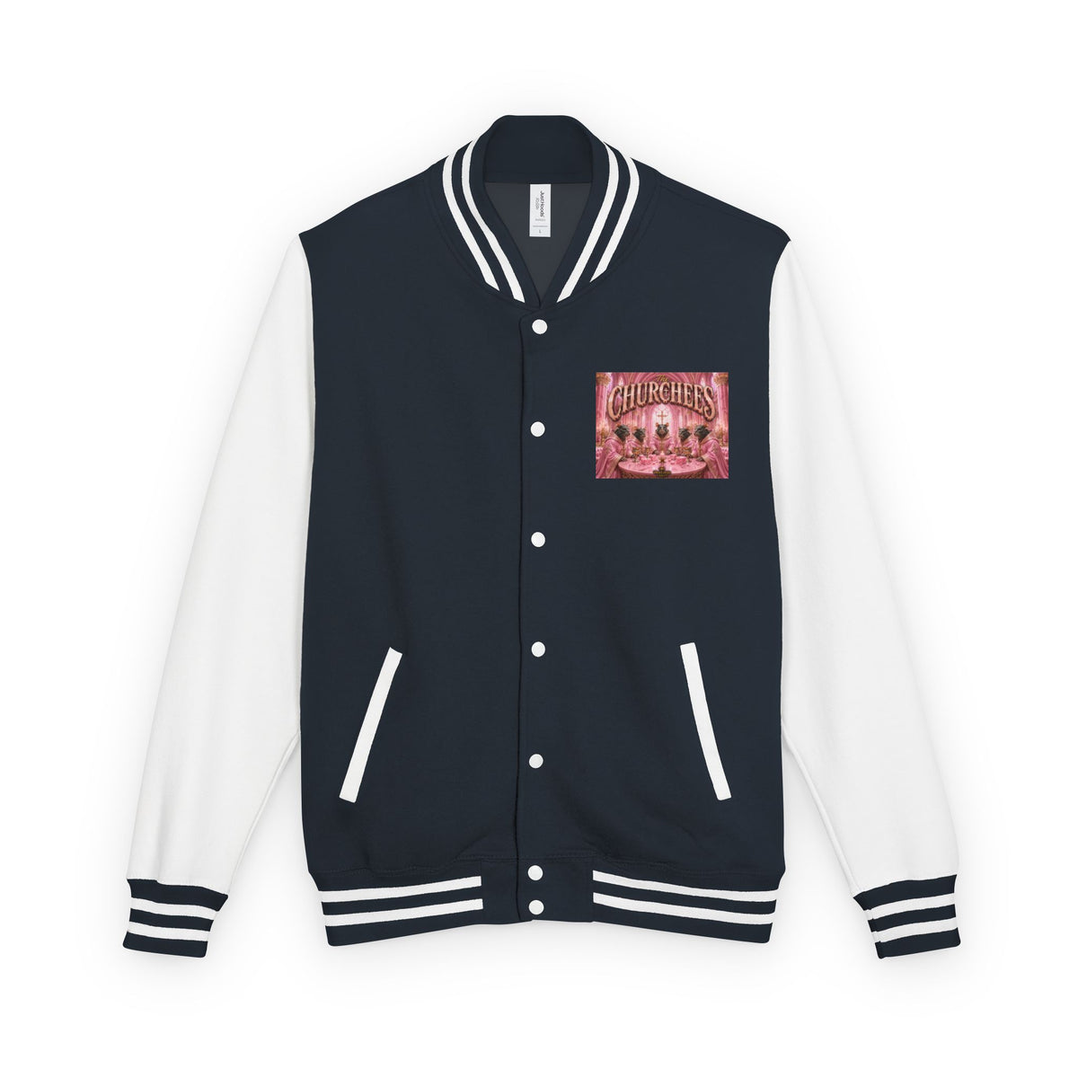 Letterman Jacket — Pink 'Churchees' Vintage Dinner Graphic