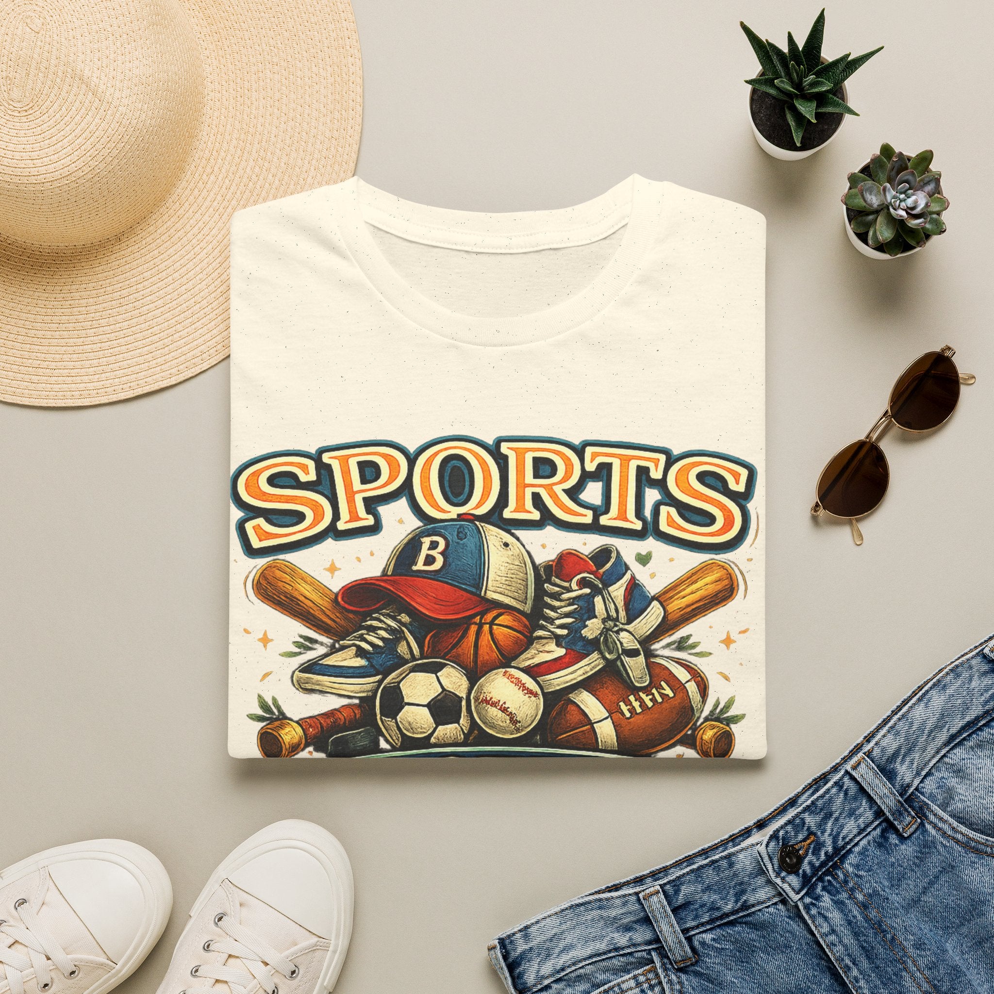 Sports Graphic T-Shirt — 'Sports' Vintage Multi-Sport Design (Baseball, Basketball, Soccer)