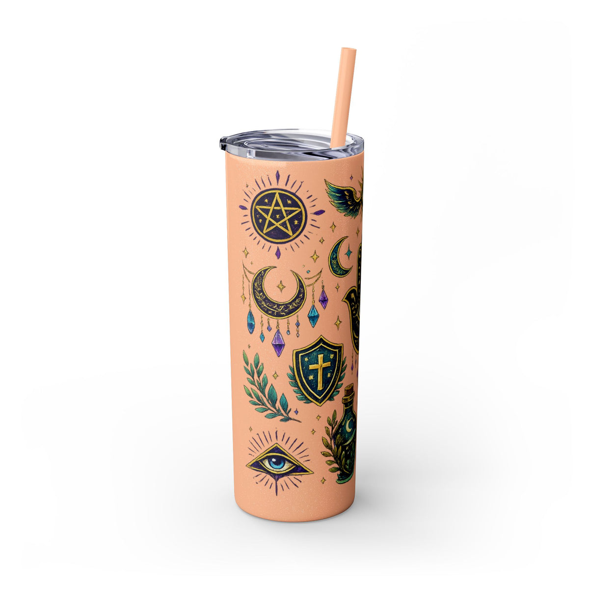 Mystic Symbols 20oz Skinny Tumbler with Straw — Hamsa, All-Seeing Eye & Moon
