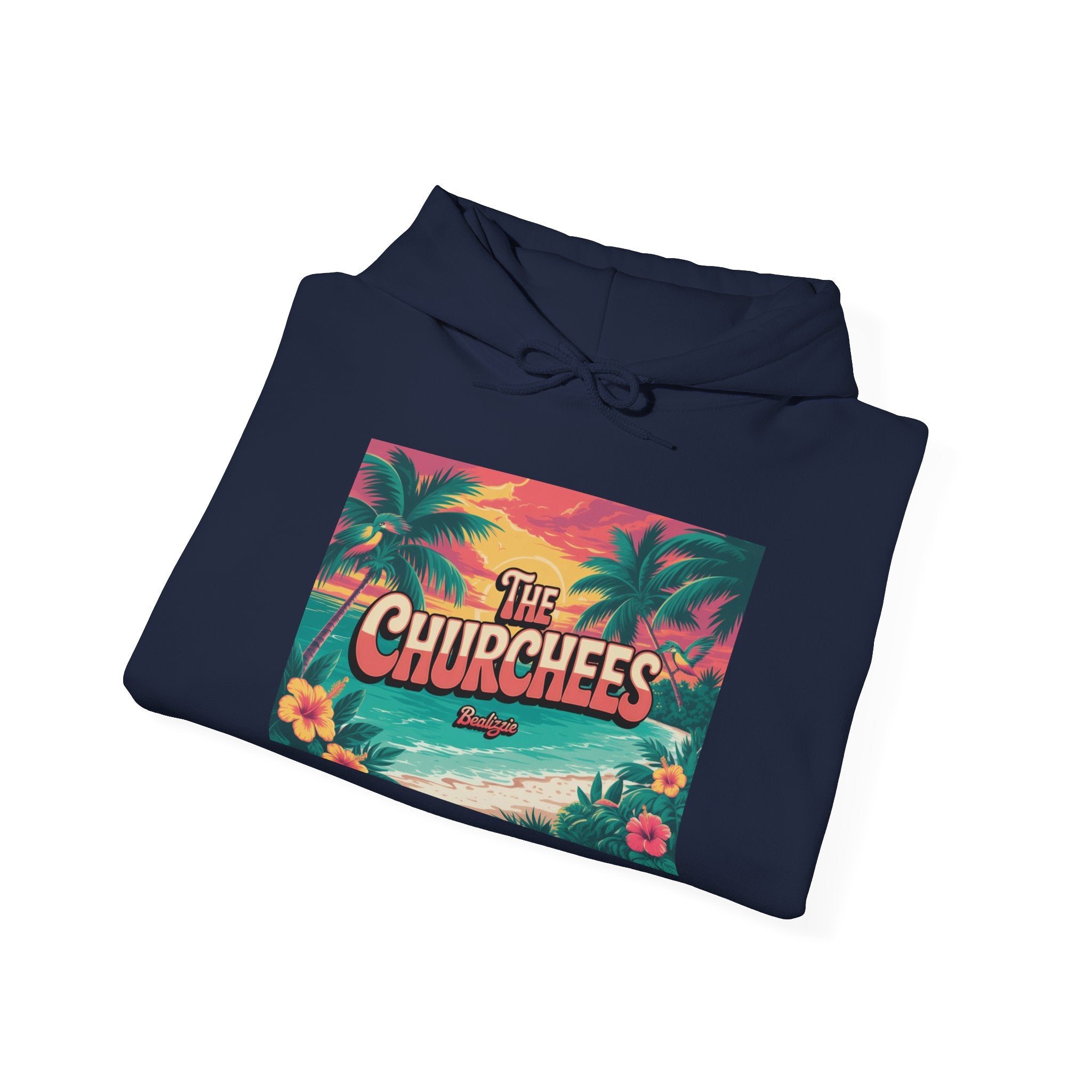 The Churchees Tropical Beach Hoodie – Retro Palm Sunset Graphic Sweatshirt