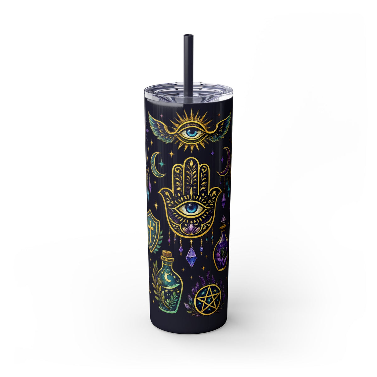Mystic Symbols 20oz Skinny Tumbler with Straw — Hamsa, All-Seeing Eye & Moon