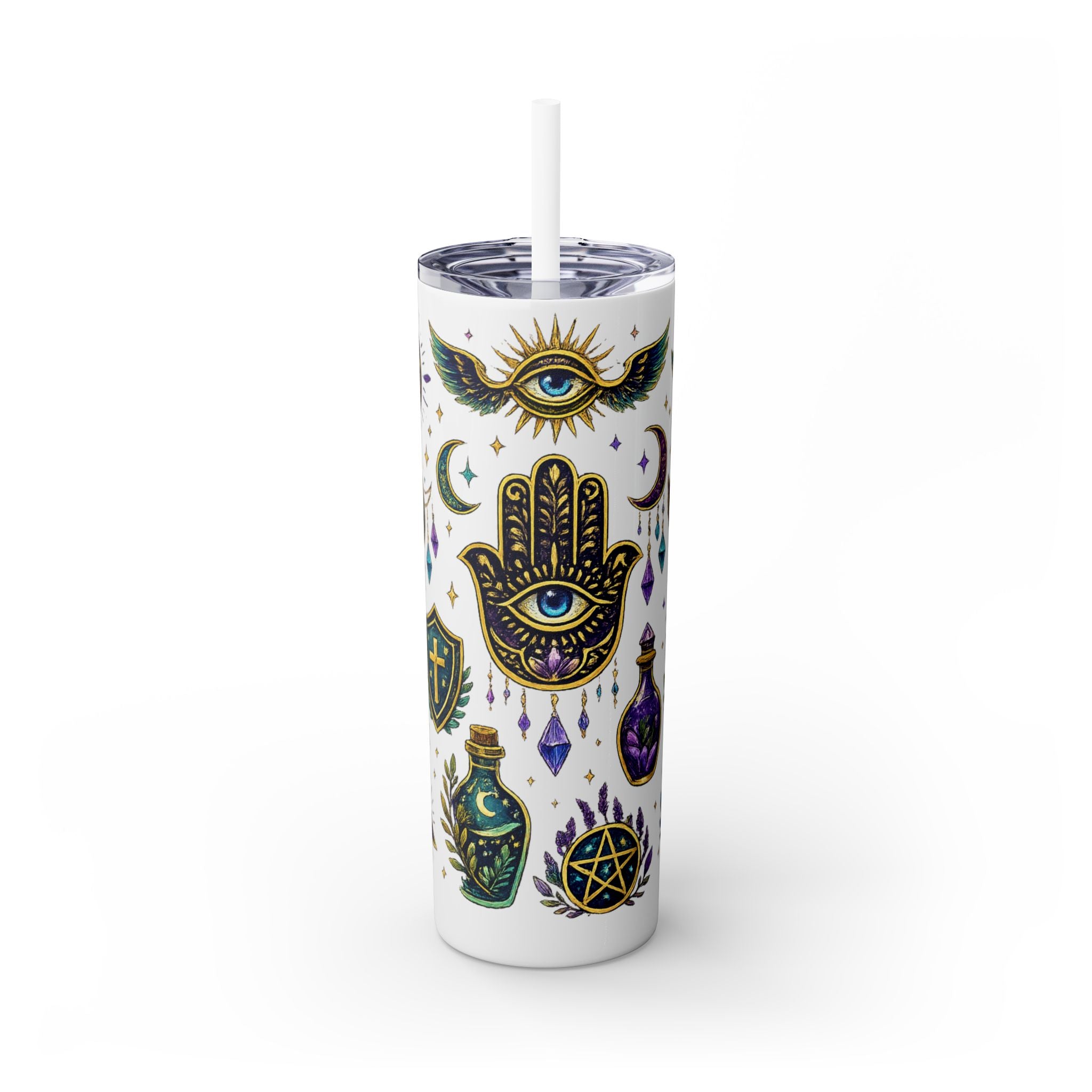 Mystic Symbols 20oz Skinny Tumbler with Straw — Hamsa, All-Seeing Eye & Moon
