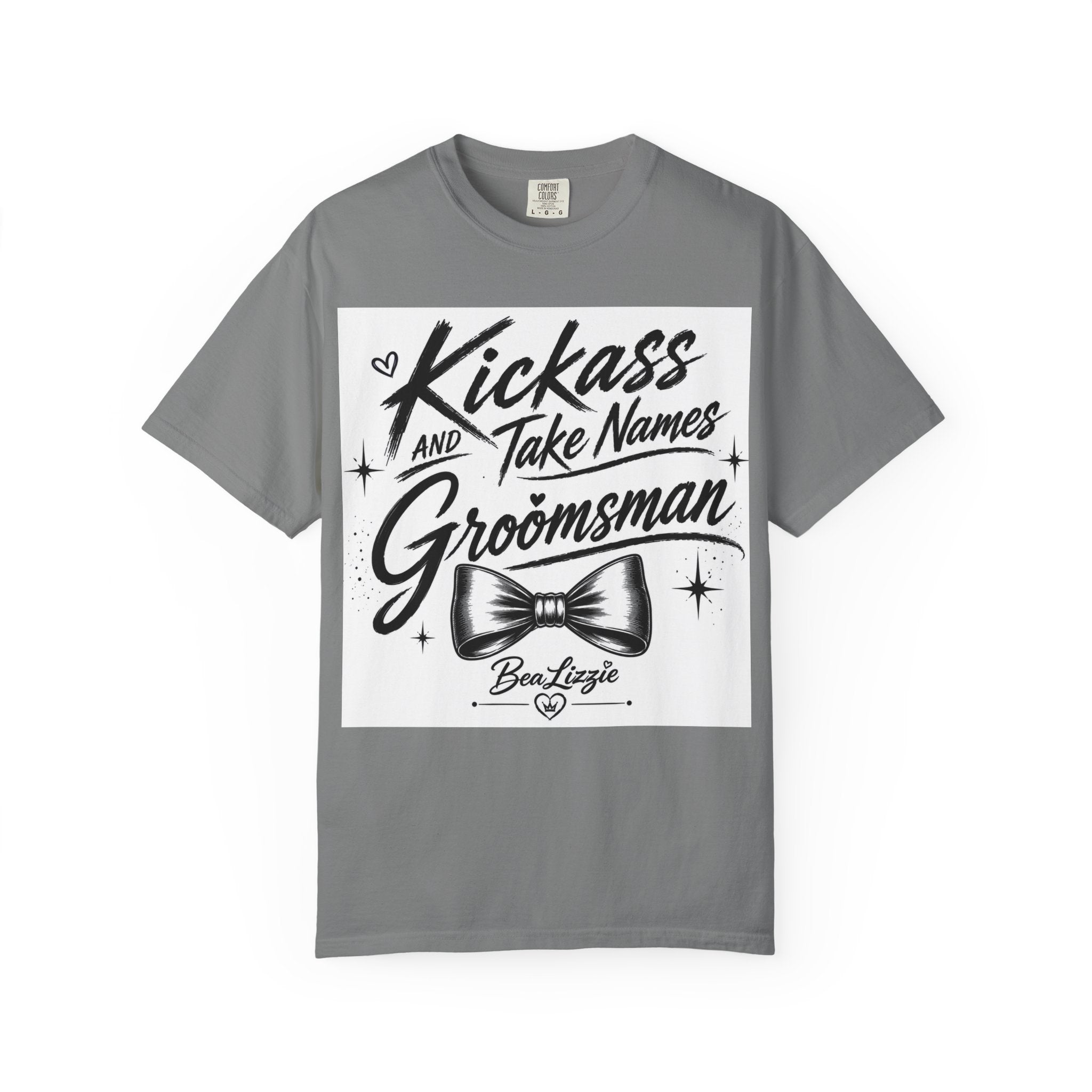 Kickass and Take Names Groomsman T-Shirt — Funny Bachelor Party Tee with Bow Tie Design