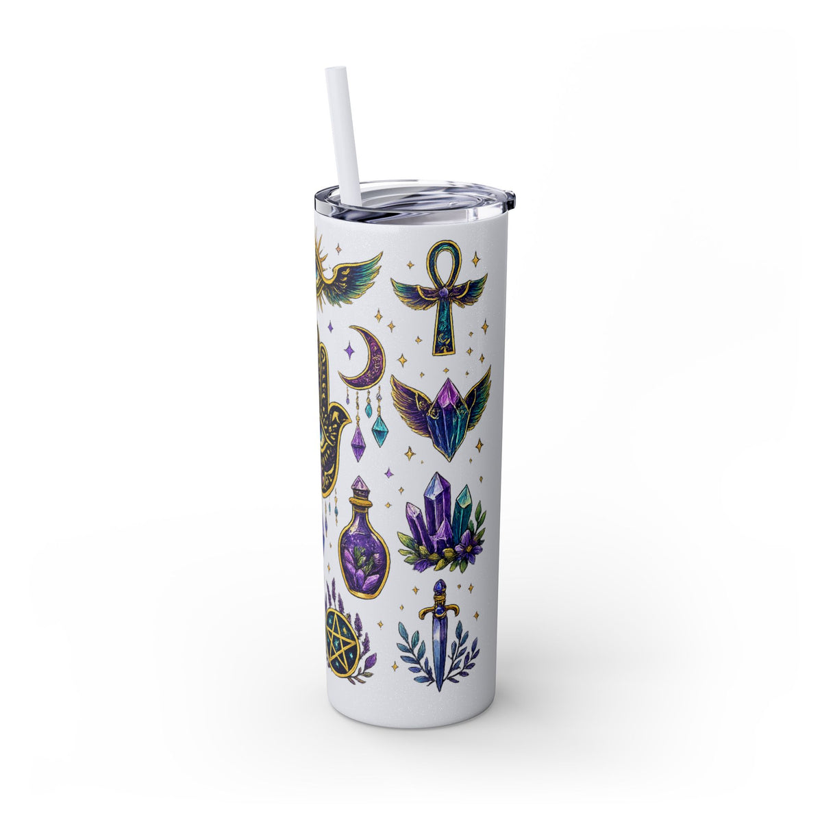 Mystic Symbols 20oz Skinny Tumbler with Straw — Hamsa, All-Seeing Eye & Moon