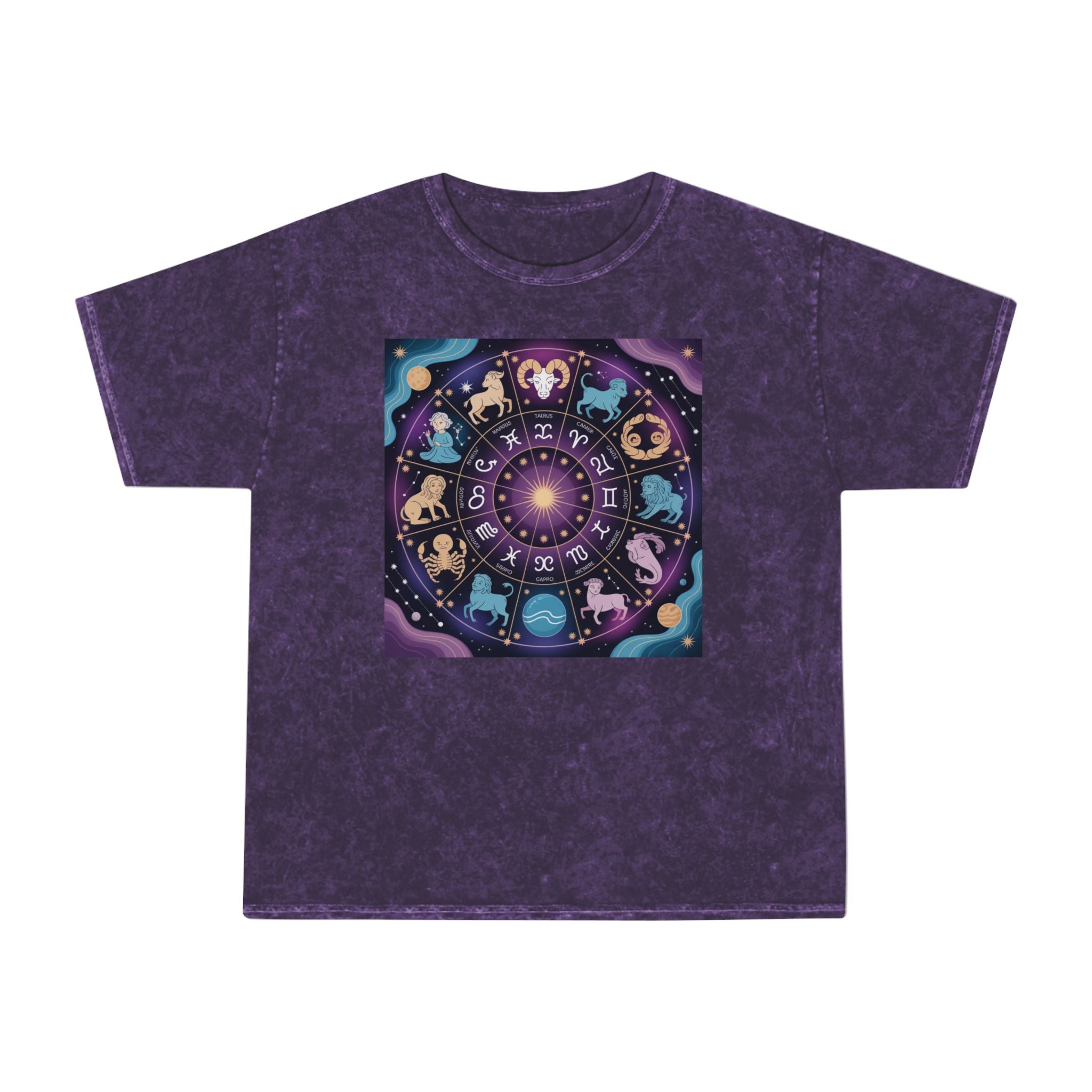 T-shirt délavé en minéraux Roue du Zodiaque – T-shirt coloré Signes astrologiques