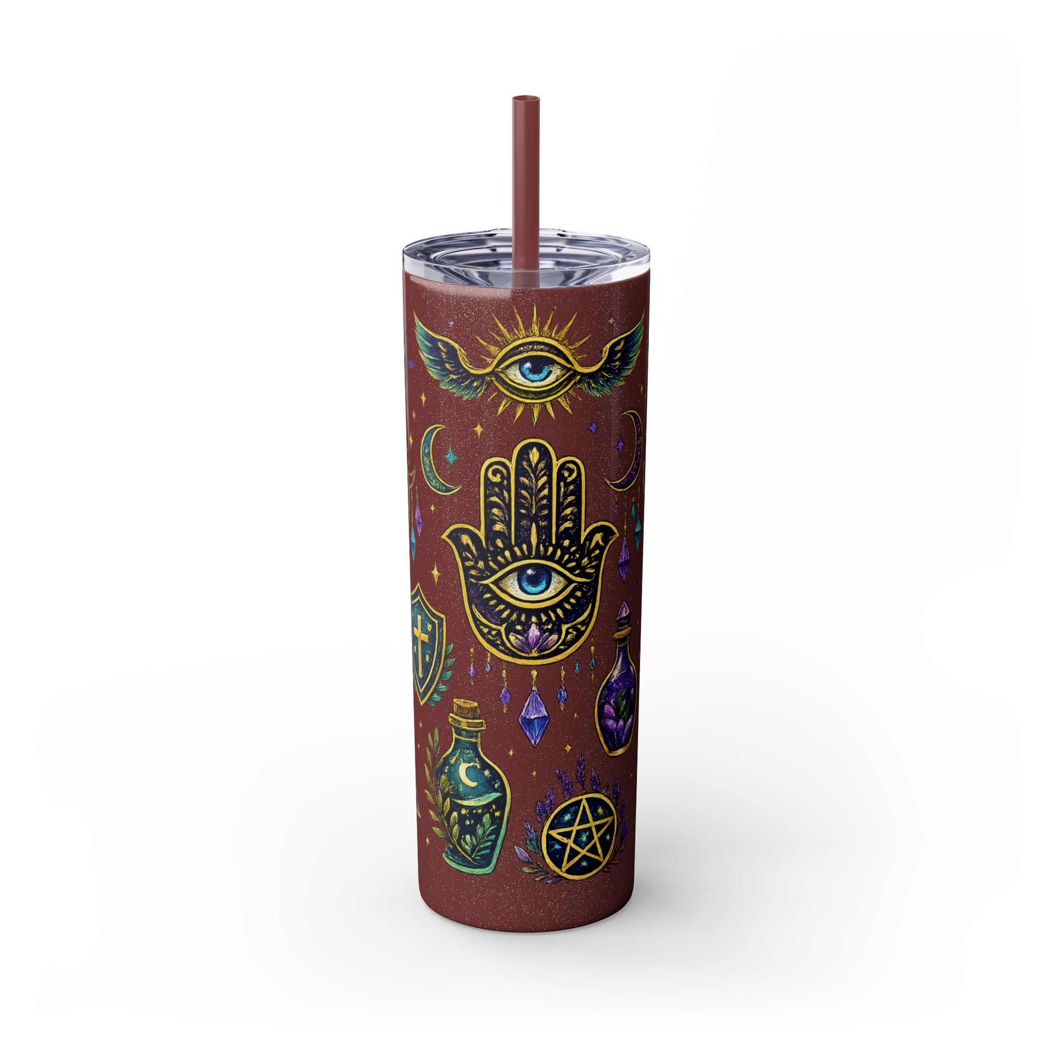 Mystic Symbols 20oz Skinny Tumbler with Straw — Hamsa, All-Seeing Eye & Moon