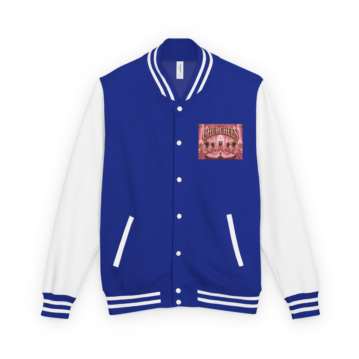 Letterman Jacket — Pink 'Churchees' Vintage Dinner Graphic