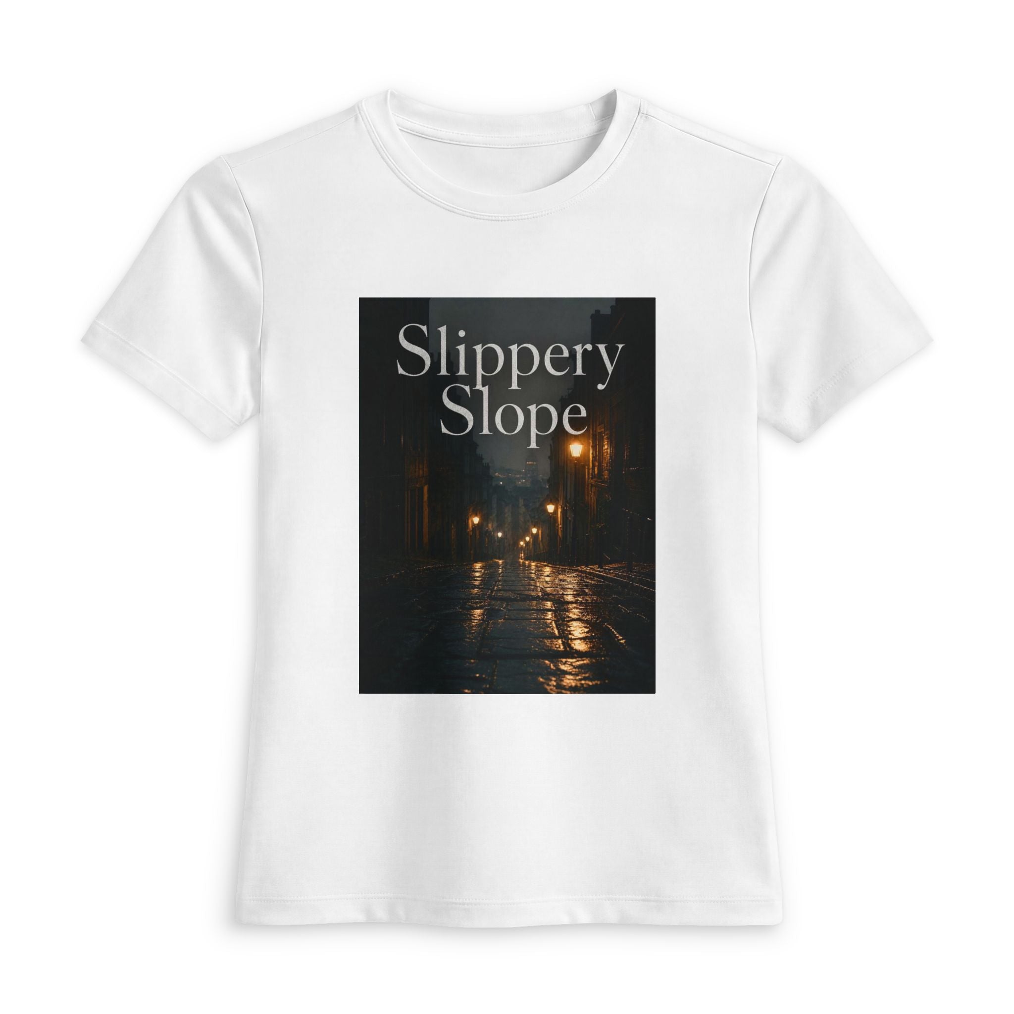 Slippery Slope Women's Tee — Moody Rainy Street Graphic Shirt