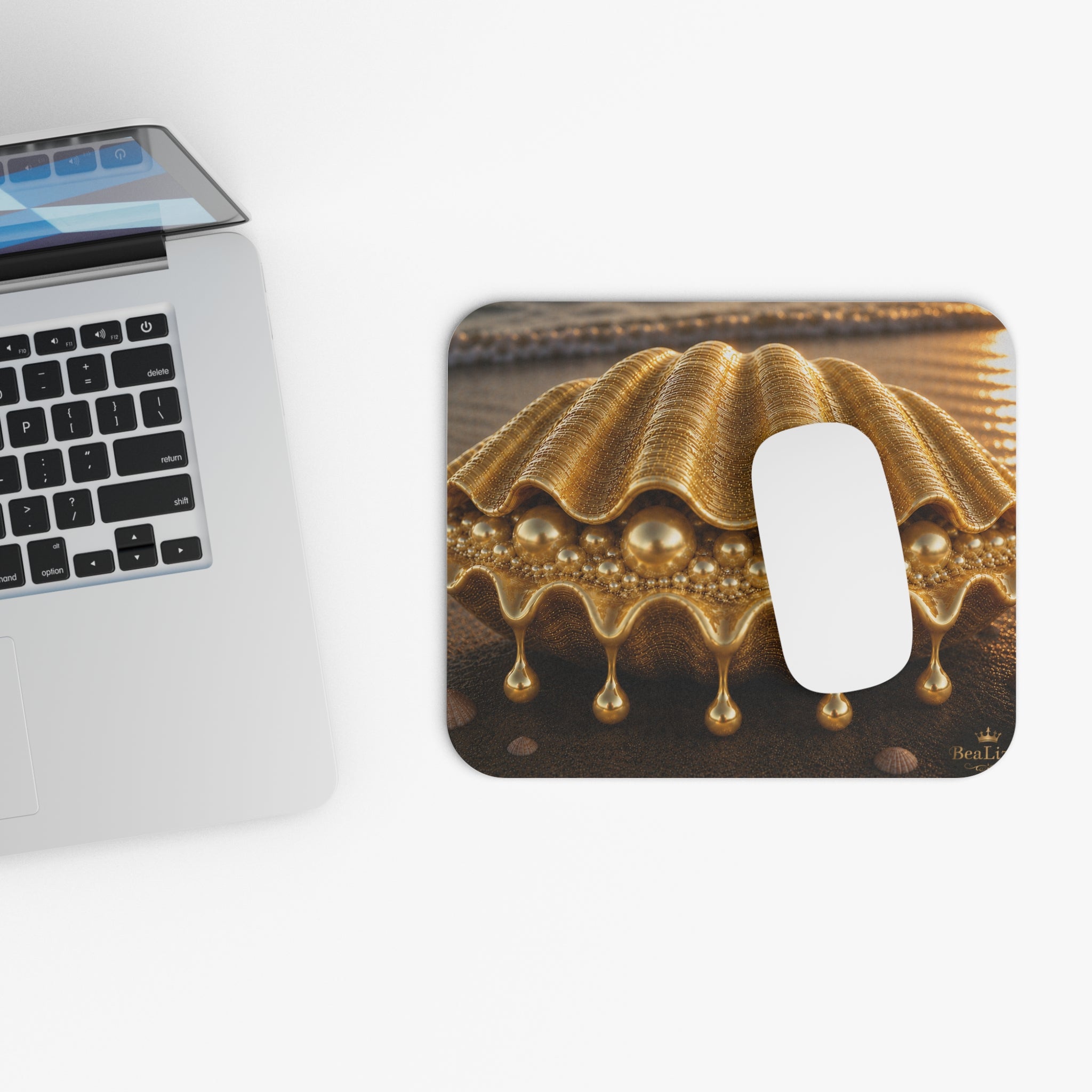 Golden Seashell Mouse Pad — Luxury Nautical Desk Mat