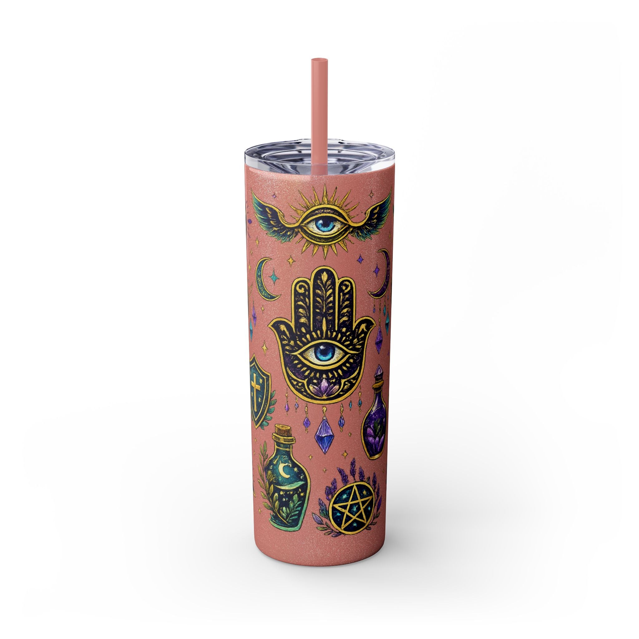 Mystic Symbols 20oz Skinny Tumbler with Straw — Hamsa, All-Seeing Eye & Moon