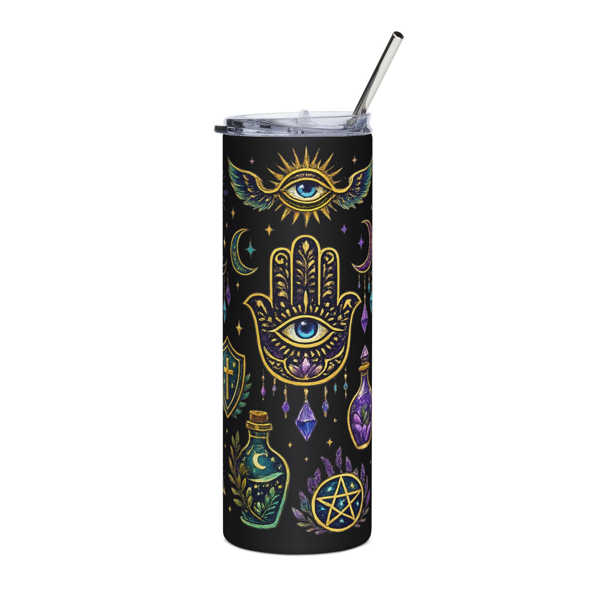 Mystic Symbols 20oz Stainless Tumbler — Hamsa, All-Seeing Eye & Moon Magic