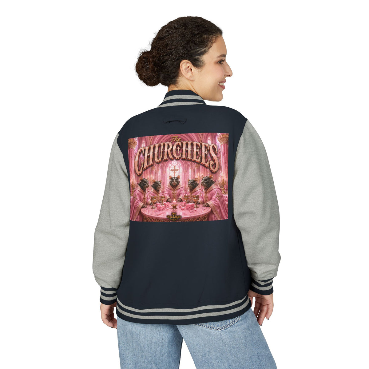Letterman Jacket — Pink 'Churchees' Vintage Dinner Graphic