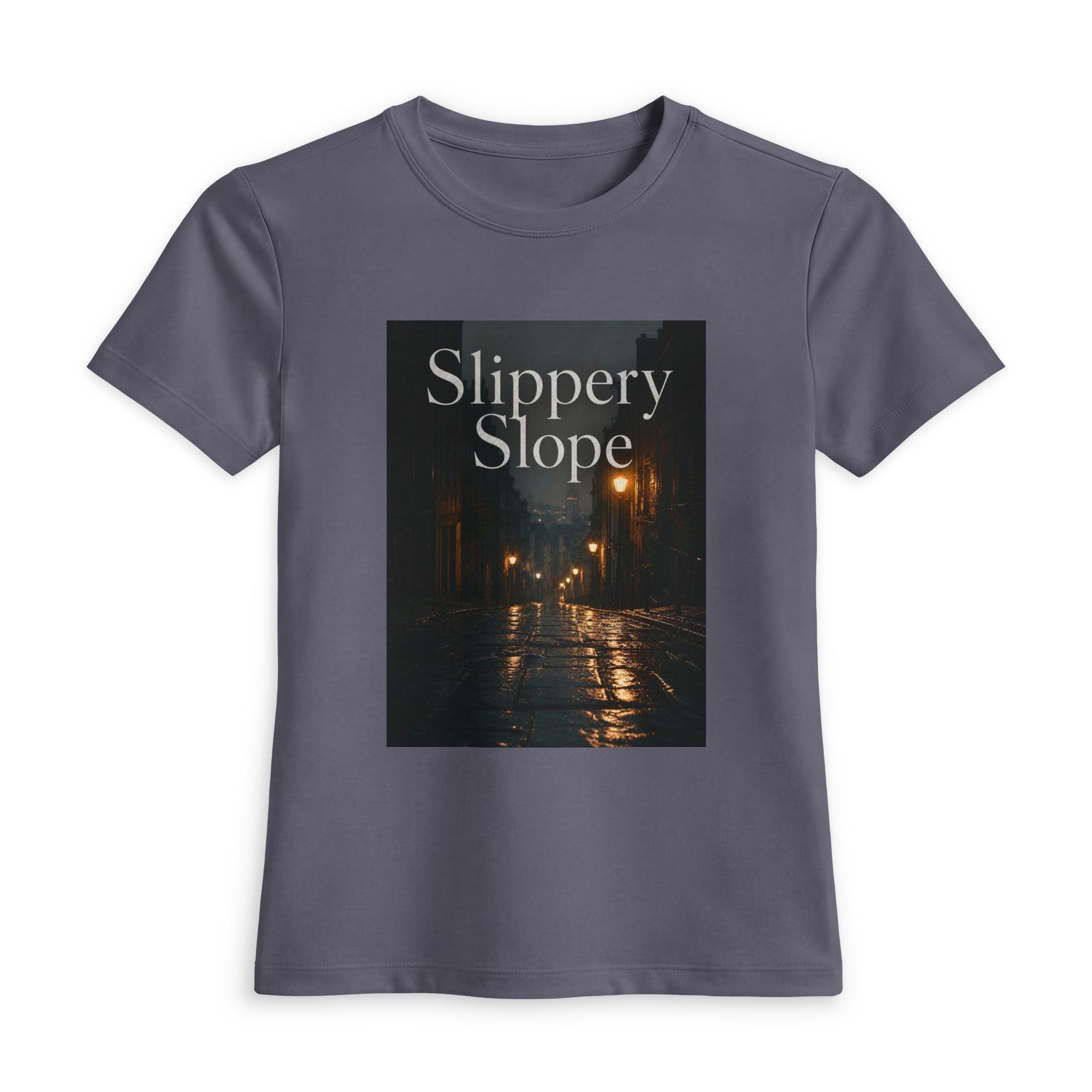 Slippery Slope Women's Tee — Moody Rainy Street Graphic Shirt