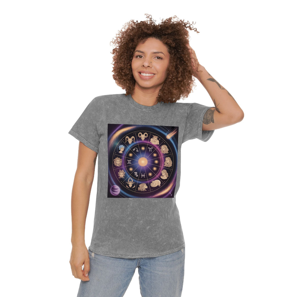 T-shirt graphique Roue du zodiaque — T-shirt délavé aux couleurs minérales Signes astrologiques
