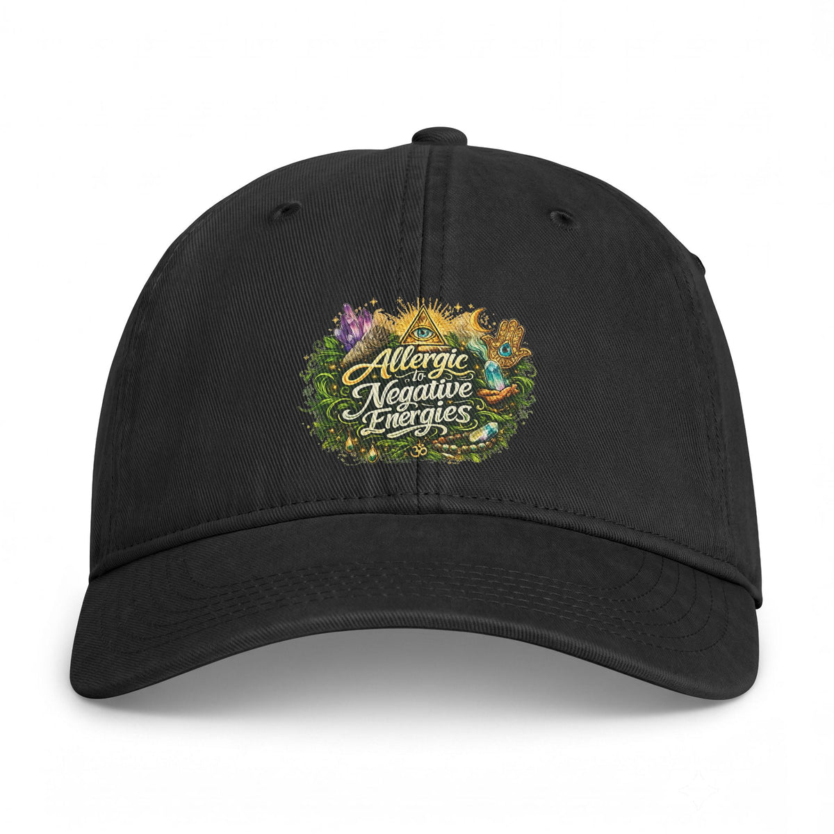 Allergic to Negative Energies Cap — Embroidered Nature Crest Dad Hat