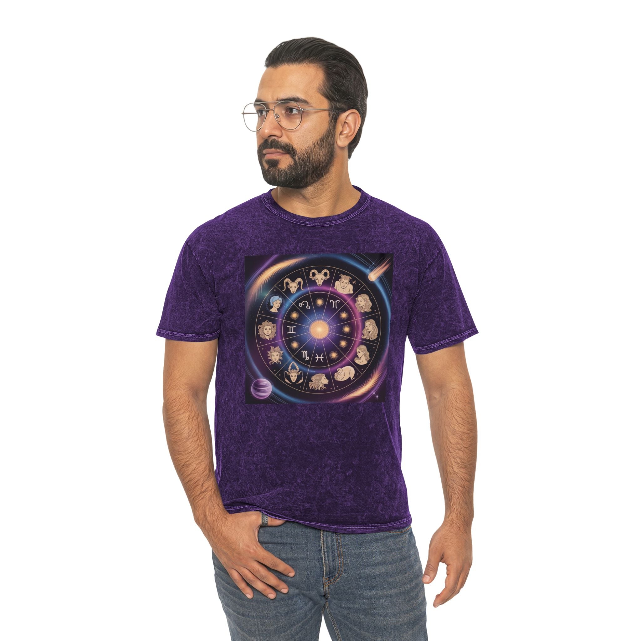 T-shirt graphique Roue du zodiaque — T-shirt délavé aux couleurs minérales Signes astrologiques
