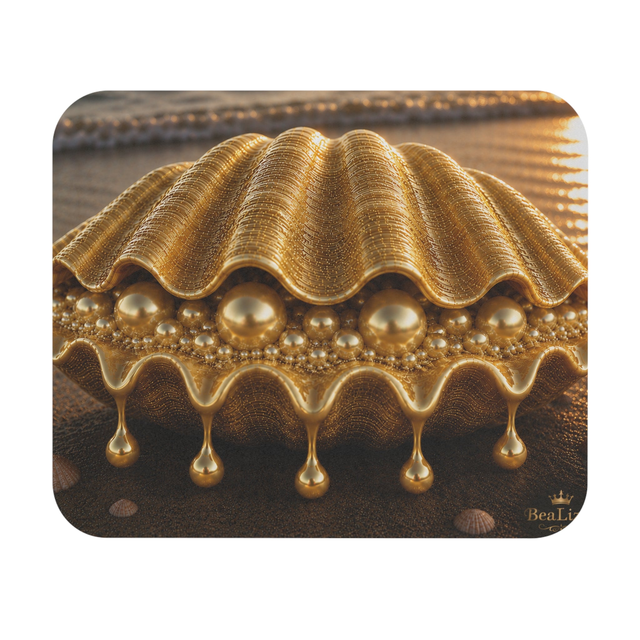 Golden Seashell Mouse Pad — Luxury Nautical Desk Mat