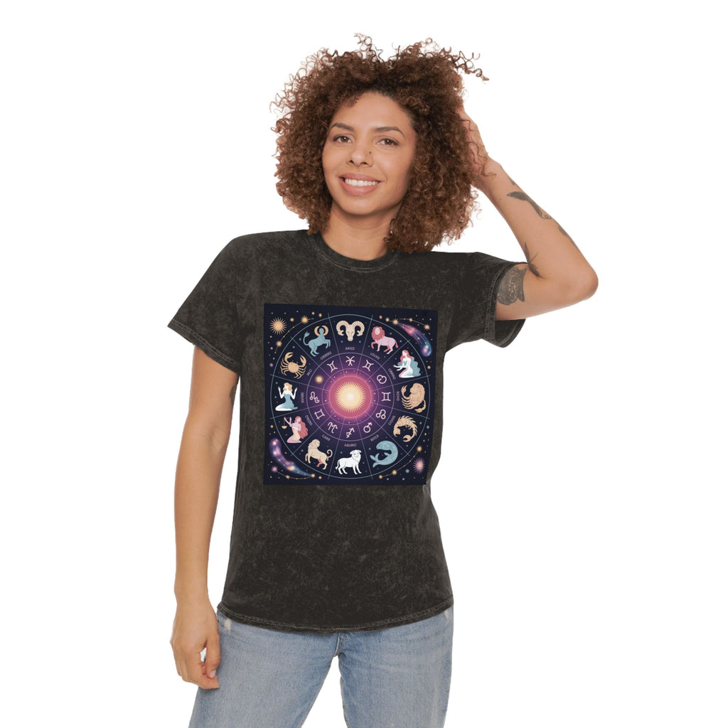 T-shirt Délavé à Motifs Zodiaque — Tee-shirt Coloré Signes Astrologiques