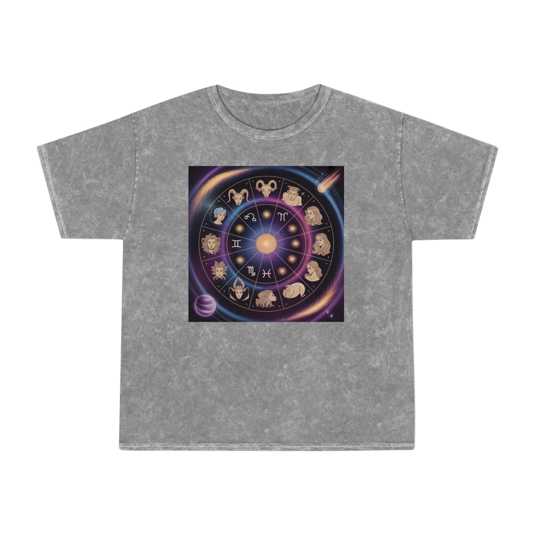 T-shirt graphique Roue du zodiaque — T-shirt délavé aux couleurs minérales Signes astrologiques