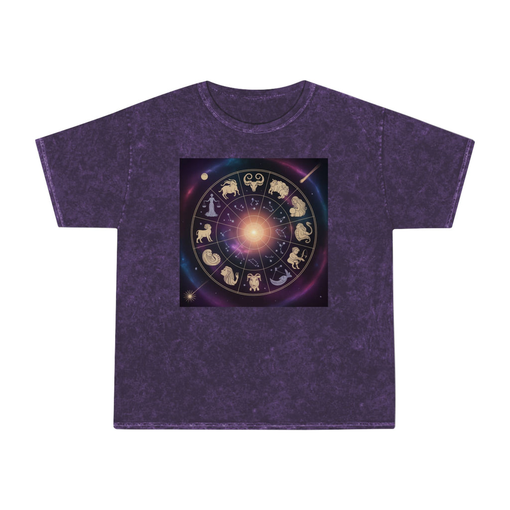 T-shirt délavé en minéral Roue du Zodiaque — T-shirt signes astrologiques cosmiques