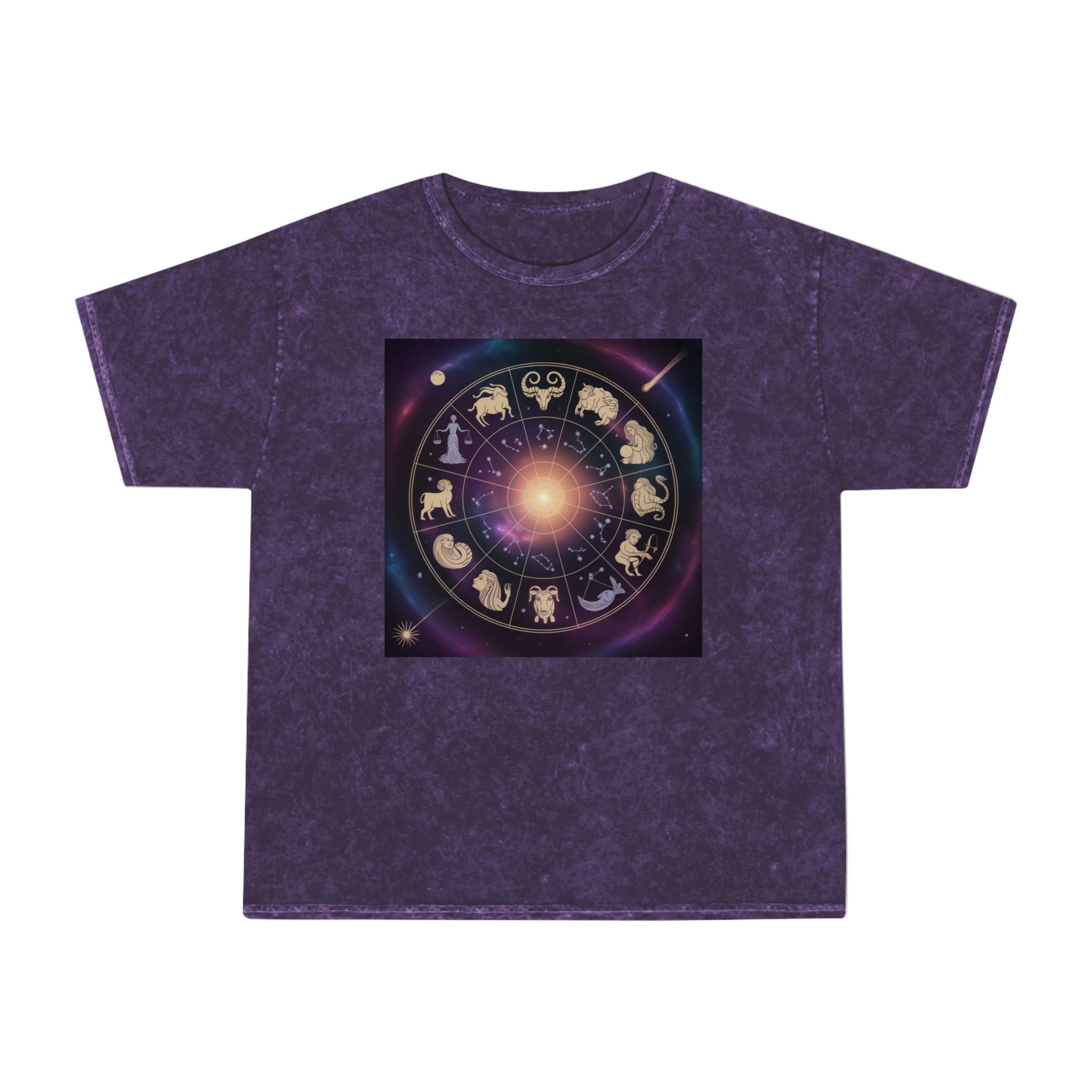 T-shirt délavé en minéral Roue du Zodiaque — T-shirt signes astrologiques cosmiques