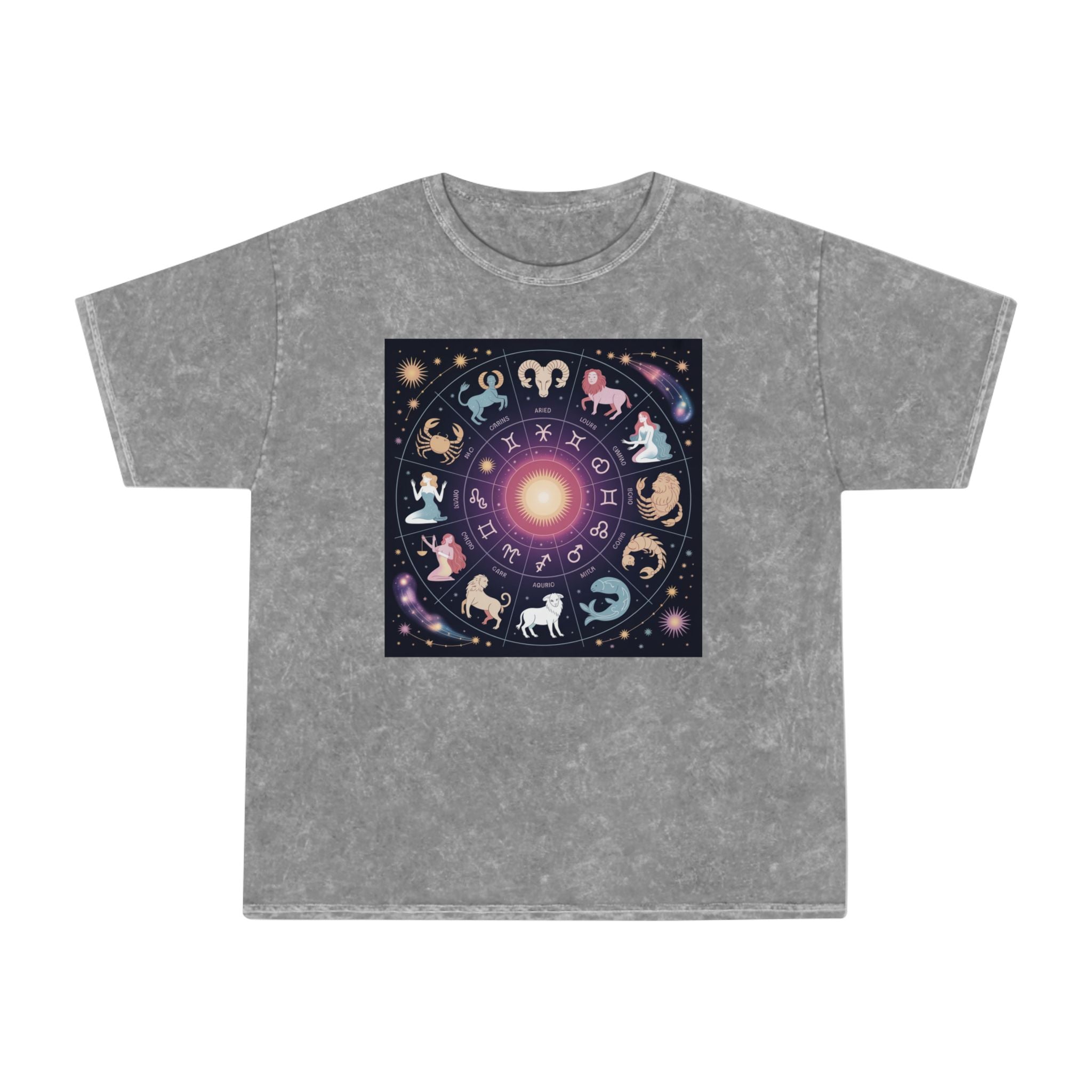 T-shirt Délavé à Motifs Zodiaque — Tee-shirt Coloré Signes Astrologiques