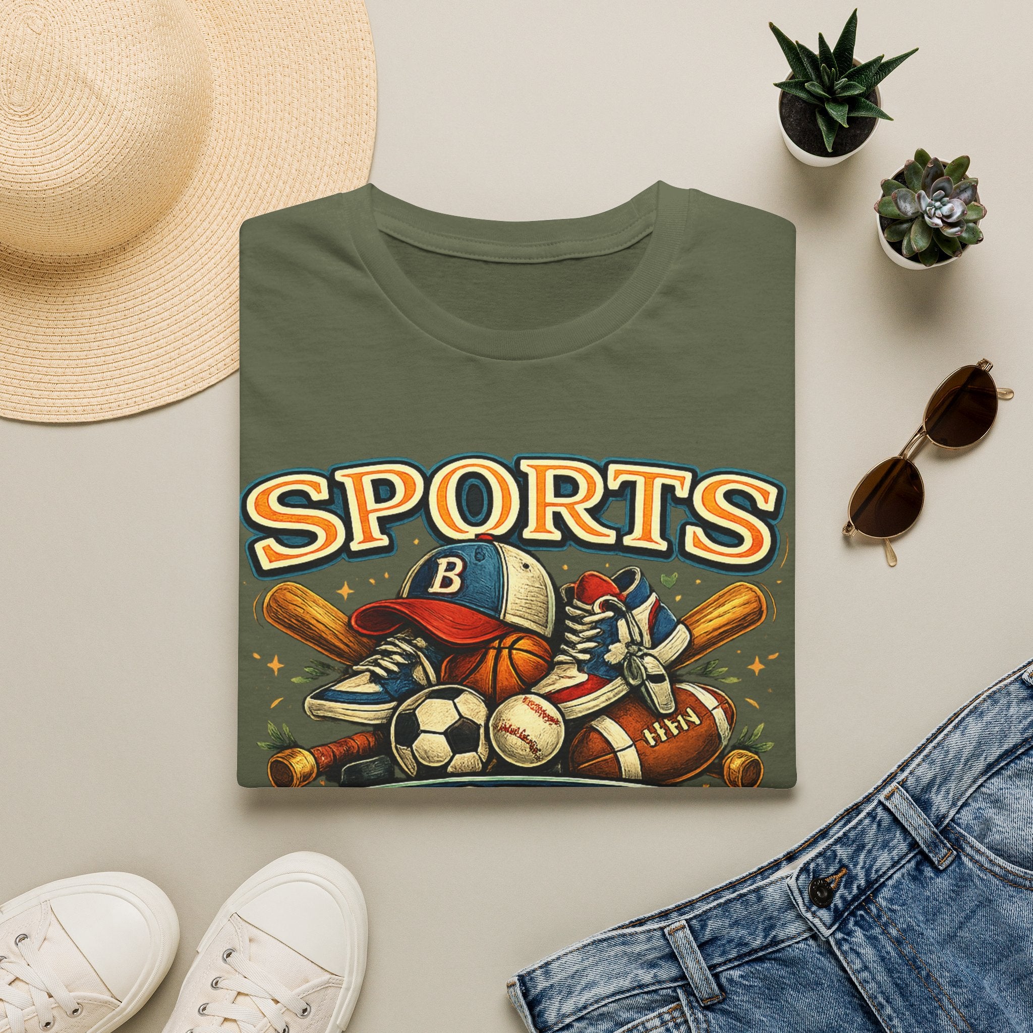 Sports Graphic T-Shirt — 'Sports' Vintage Multi-Sport Design (Baseball, Basketball, Soccer)