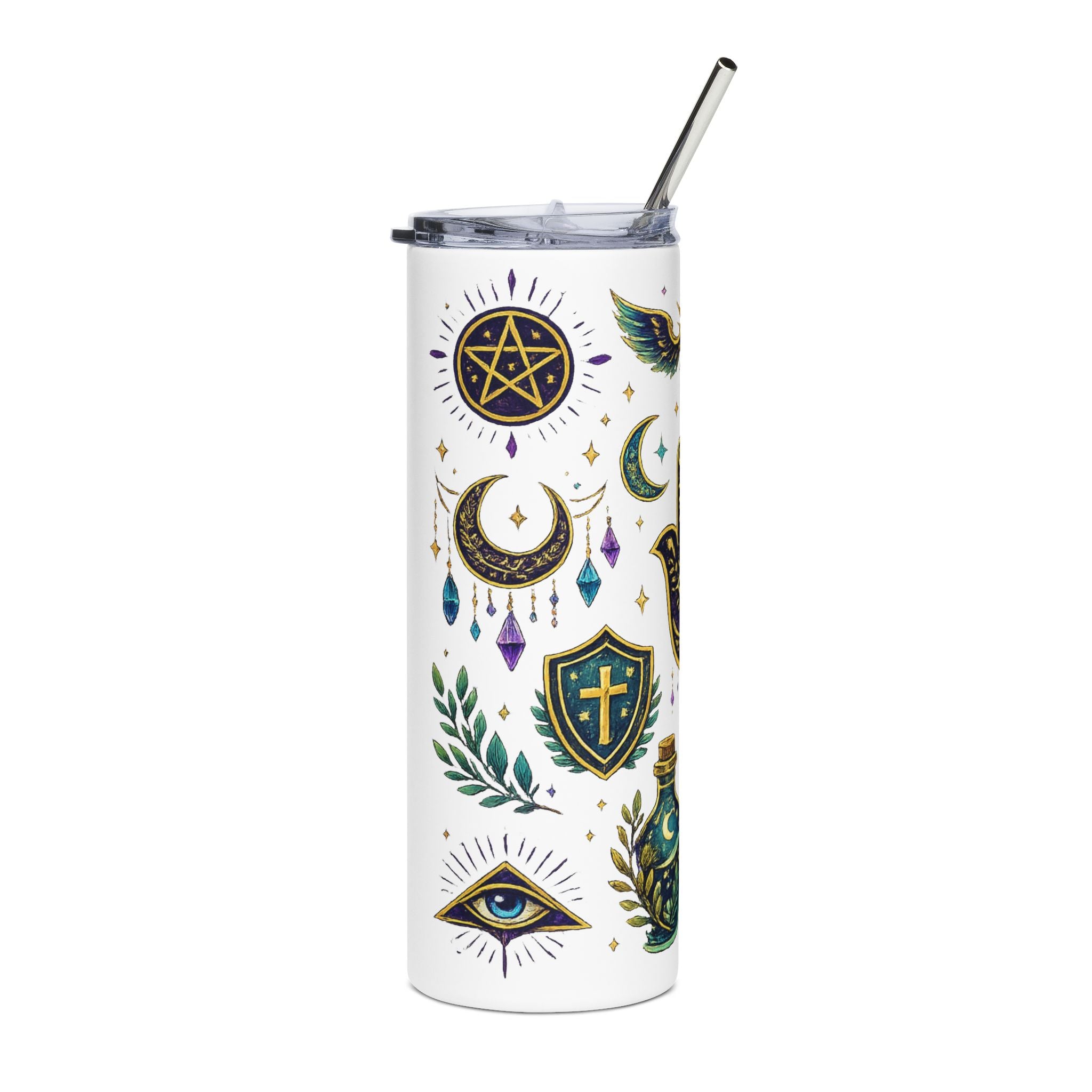 Mystic Symbols 20oz Stainless Tumbler — Hamsa, All-Seeing Eye & Moon Magic