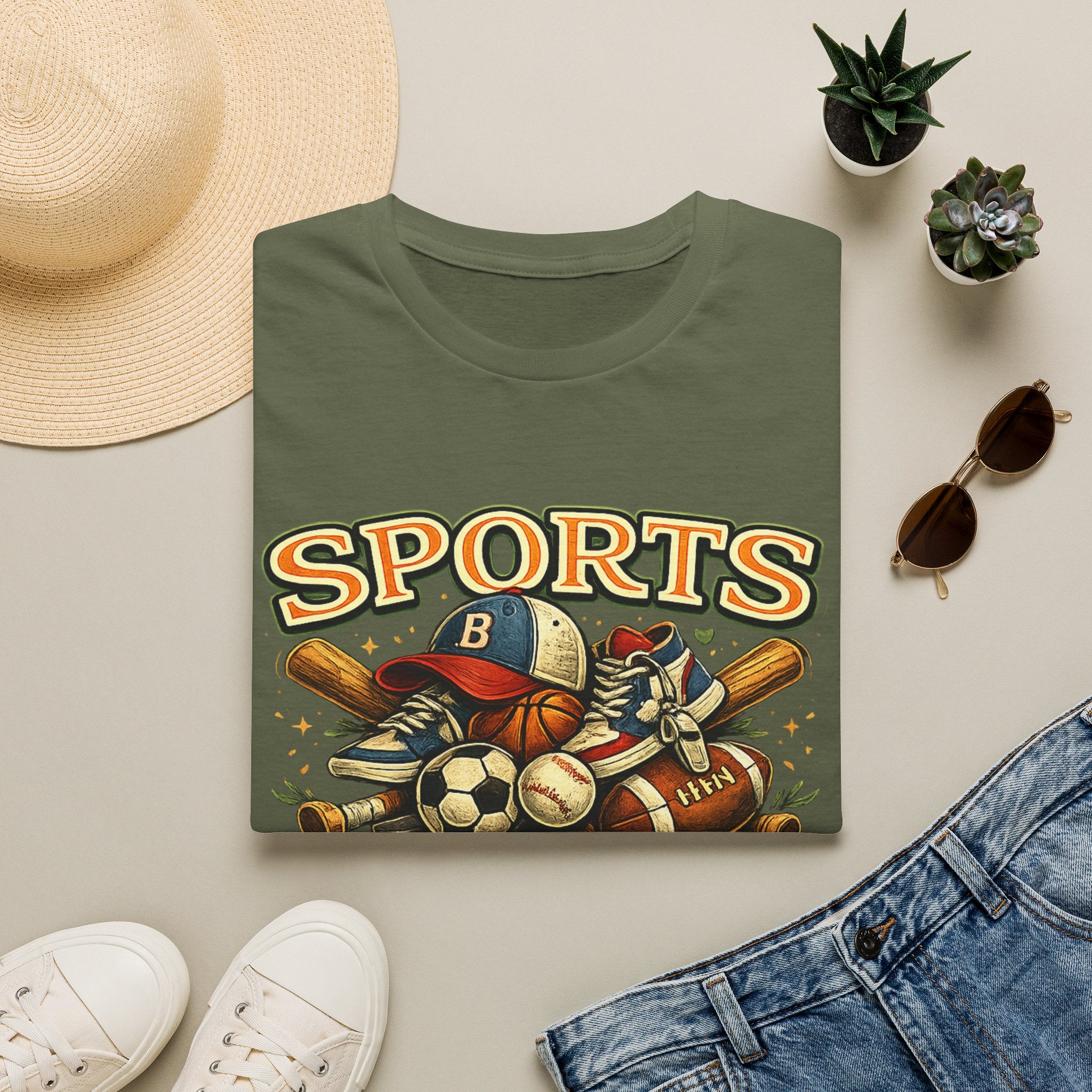 Sports Equipment Graphic T-Shirt — "Sports" Vintage Athletic Design