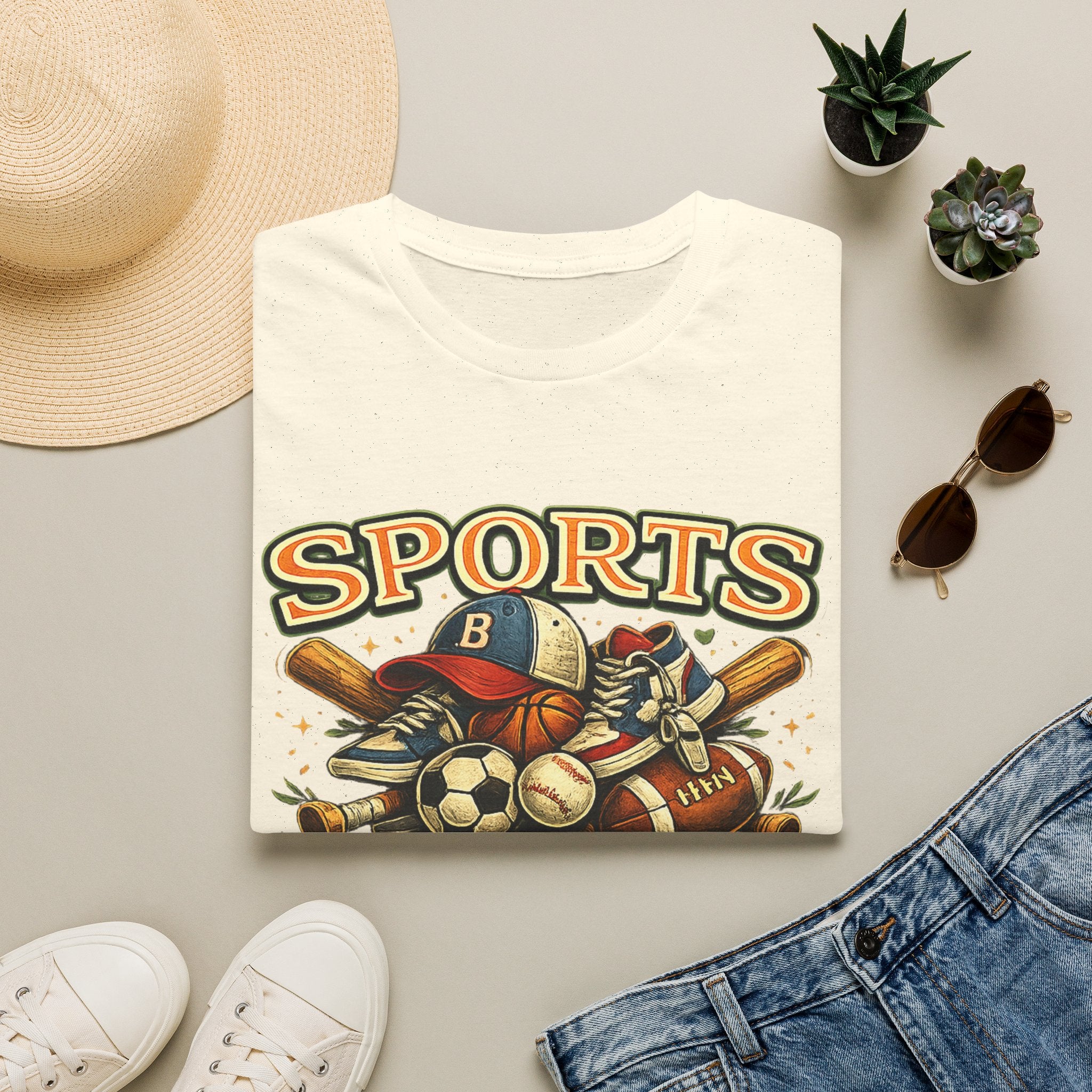 Sports Equipment Graphic T-Shirt — "Sports" Vintage Athletic Design