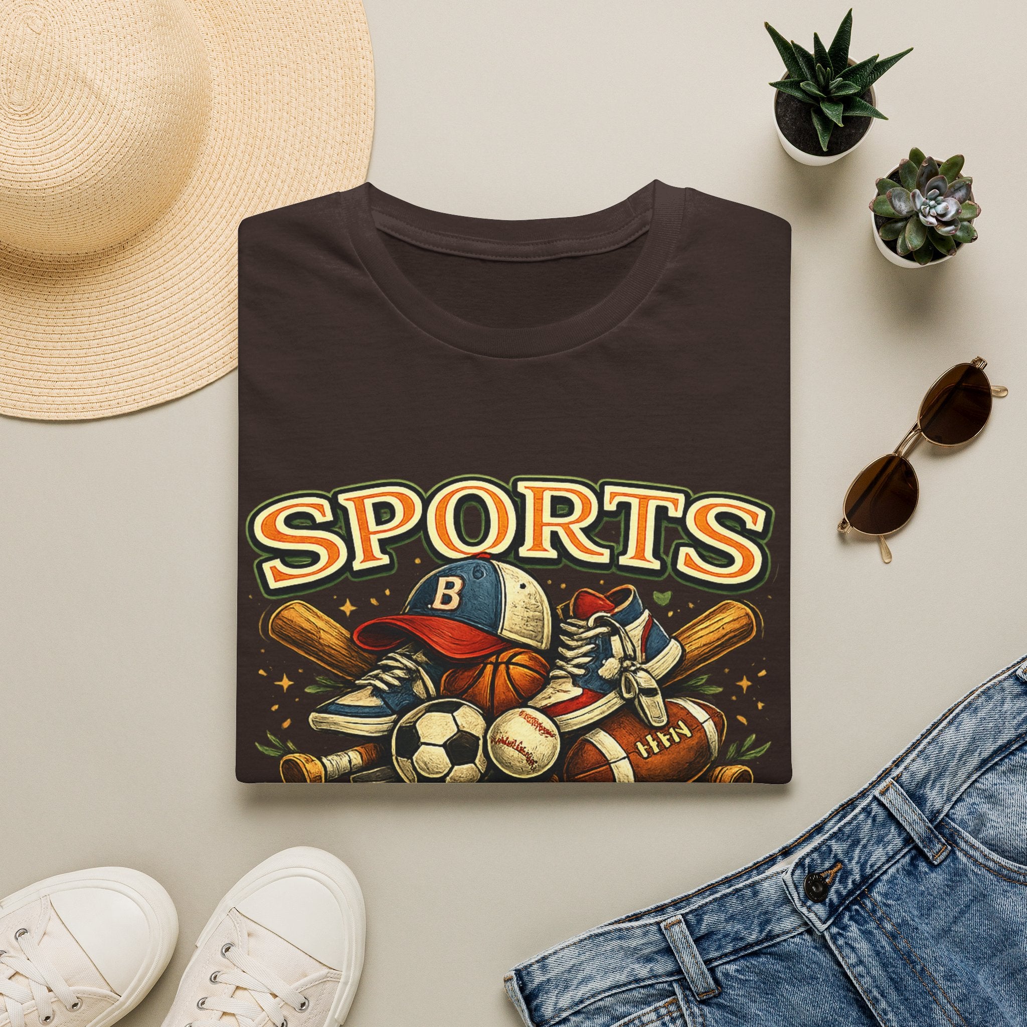 Sports Equipment Graphic T-Shirt — "Sports" Vintage Athletic Design
