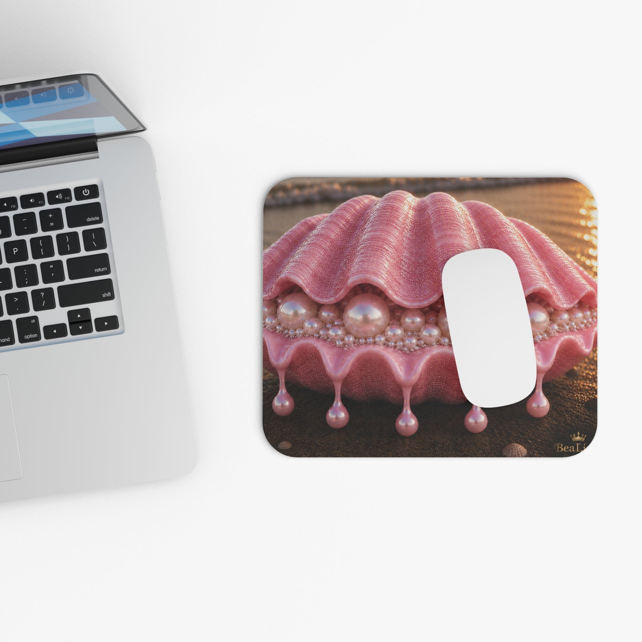 Pink Pearl Seashell Mouse Pad — Feminine Coastal Desk Accessory