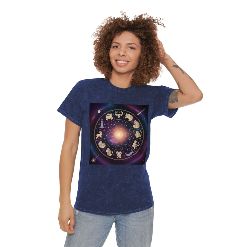 T-shirt délavé en minéral Roue du Zodiaque — T-shirt signes astrologiques cosmiques