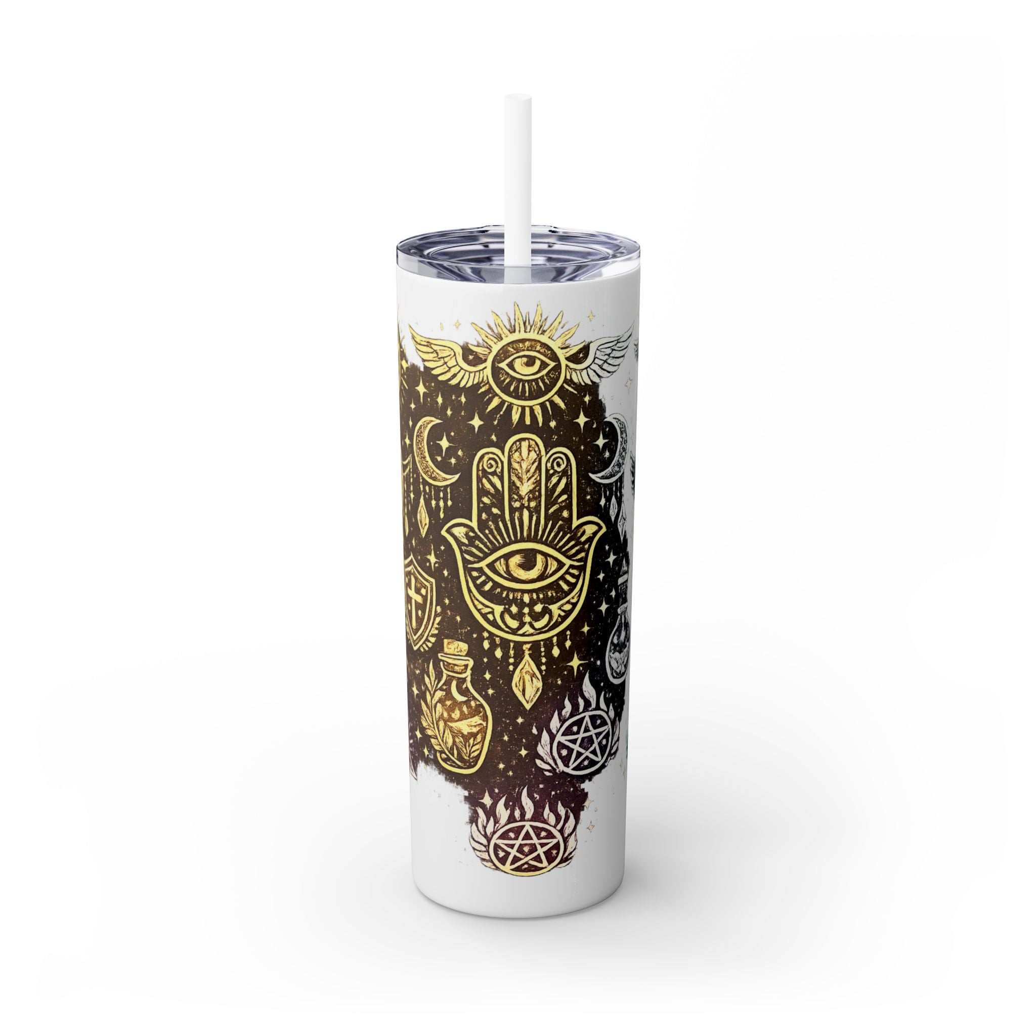 20oz Skinny Tumbler — Gold Mystic Hamsa & Celestial Eye Tumbler with Straw