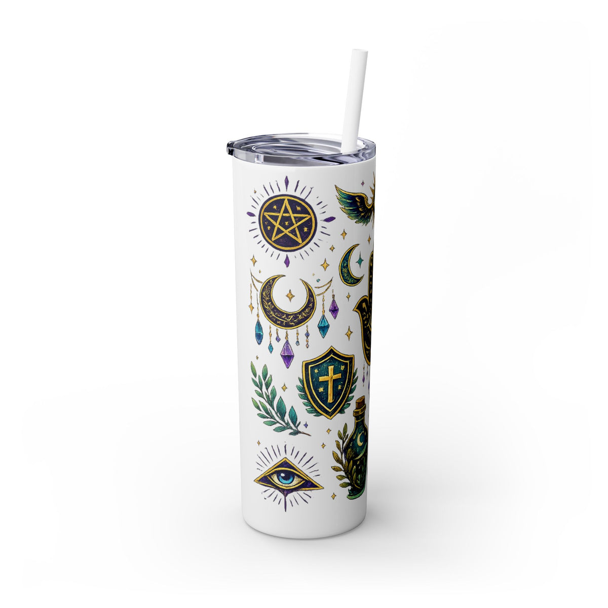 Mystic Symbols 20oz Skinny Tumbler with Straw — Hamsa, All-Seeing Eye & Moon