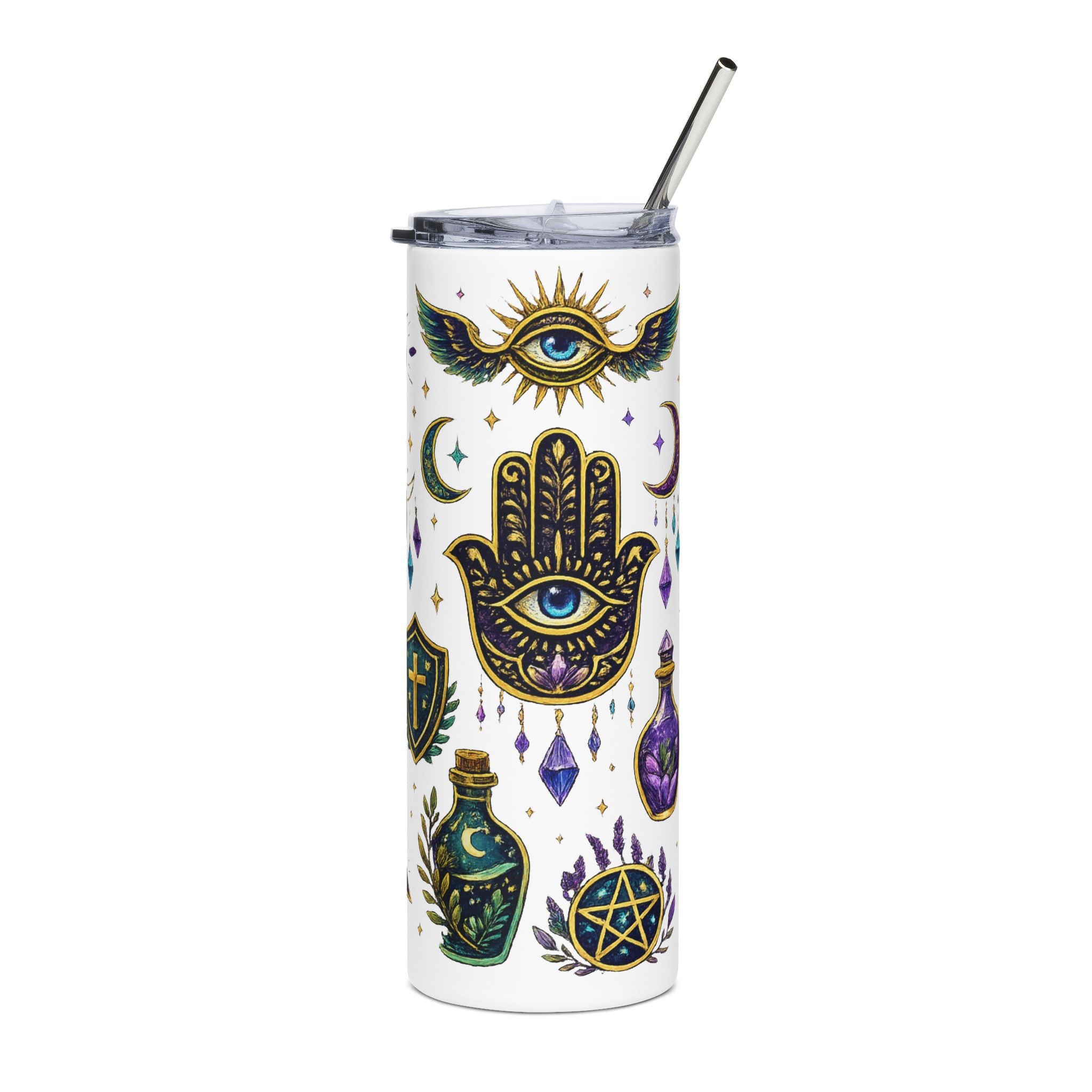 Mystic Symbols 20oz Stainless Tumbler — Hamsa, All-Seeing Eye & Moon Magic