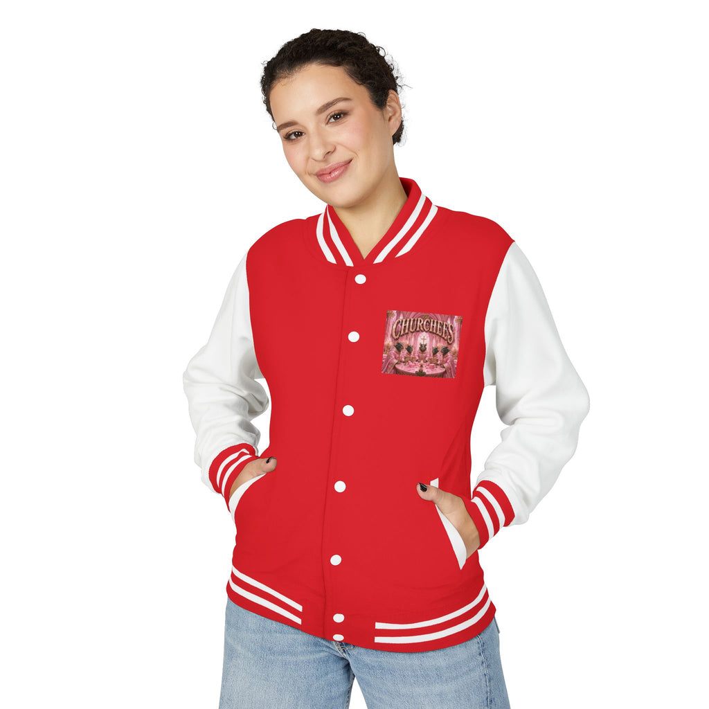 Letterman Jacket — Pink 'Churchees' Vintage Dinner Graphic