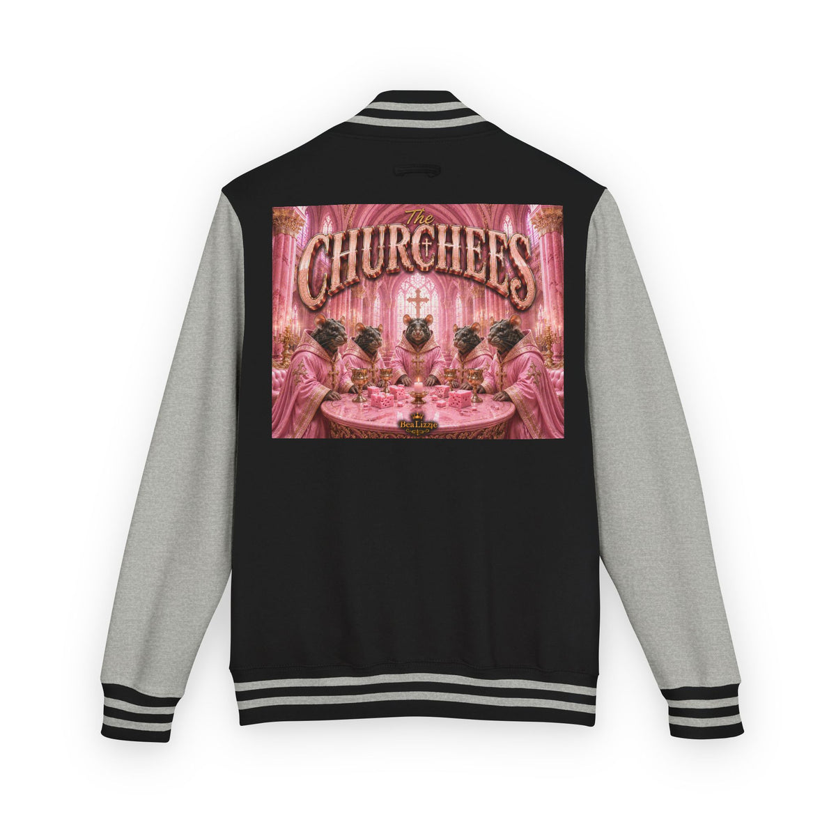 Letterman Jacket — Pink 'Churchees' Vintage Dinner Graphic
