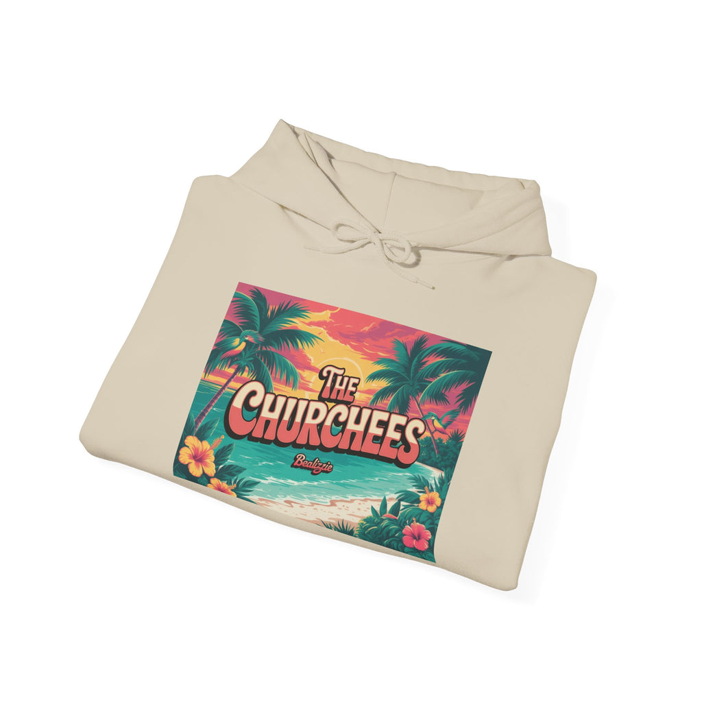 The Churchees Tropical Beach Hoodie – Retro Palm Sunset Graphic Sweatshirt