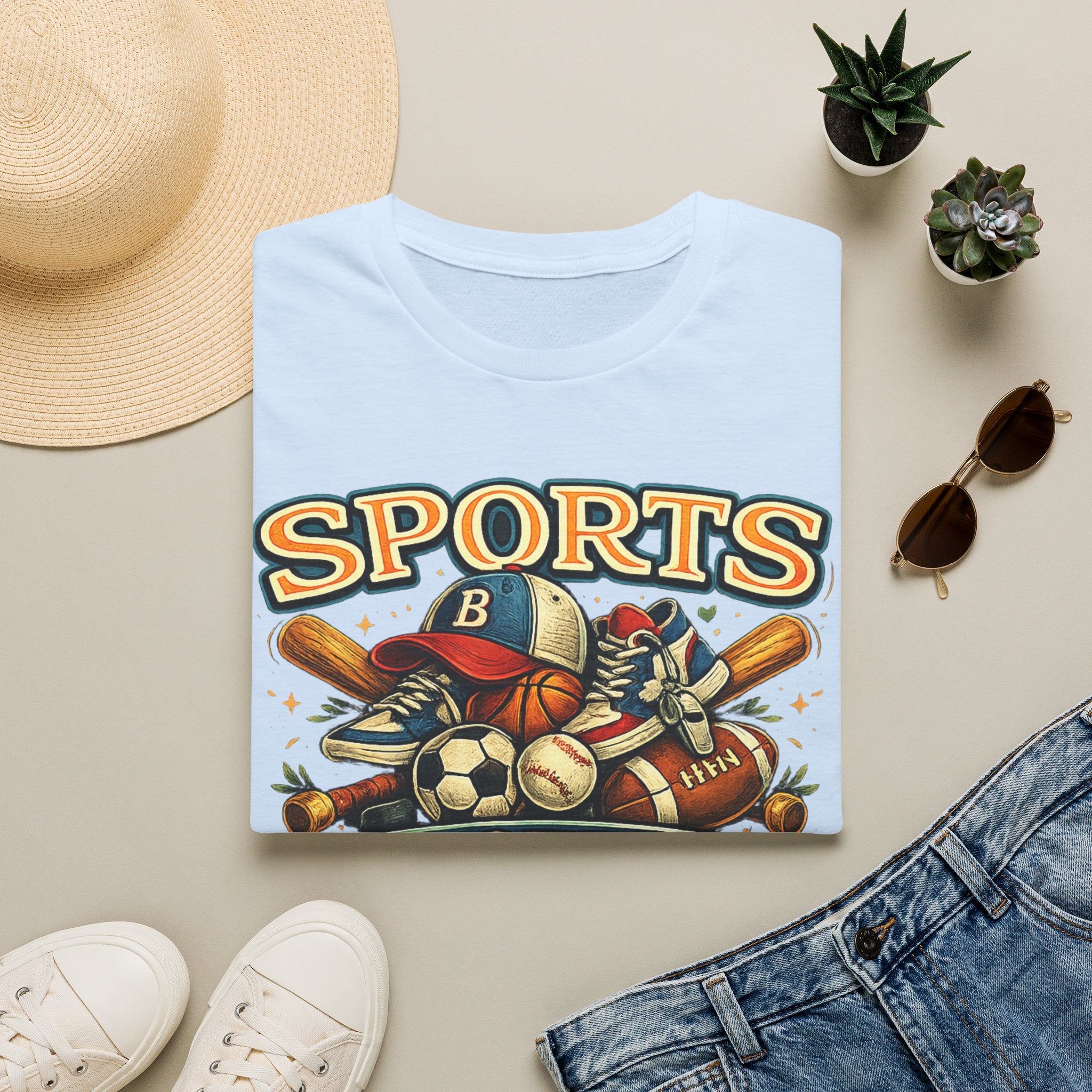 Sports Graphic T-Shirt — 'Sports' Vintage Multi-Sport Design (Baseball, Basketball, Soccer)