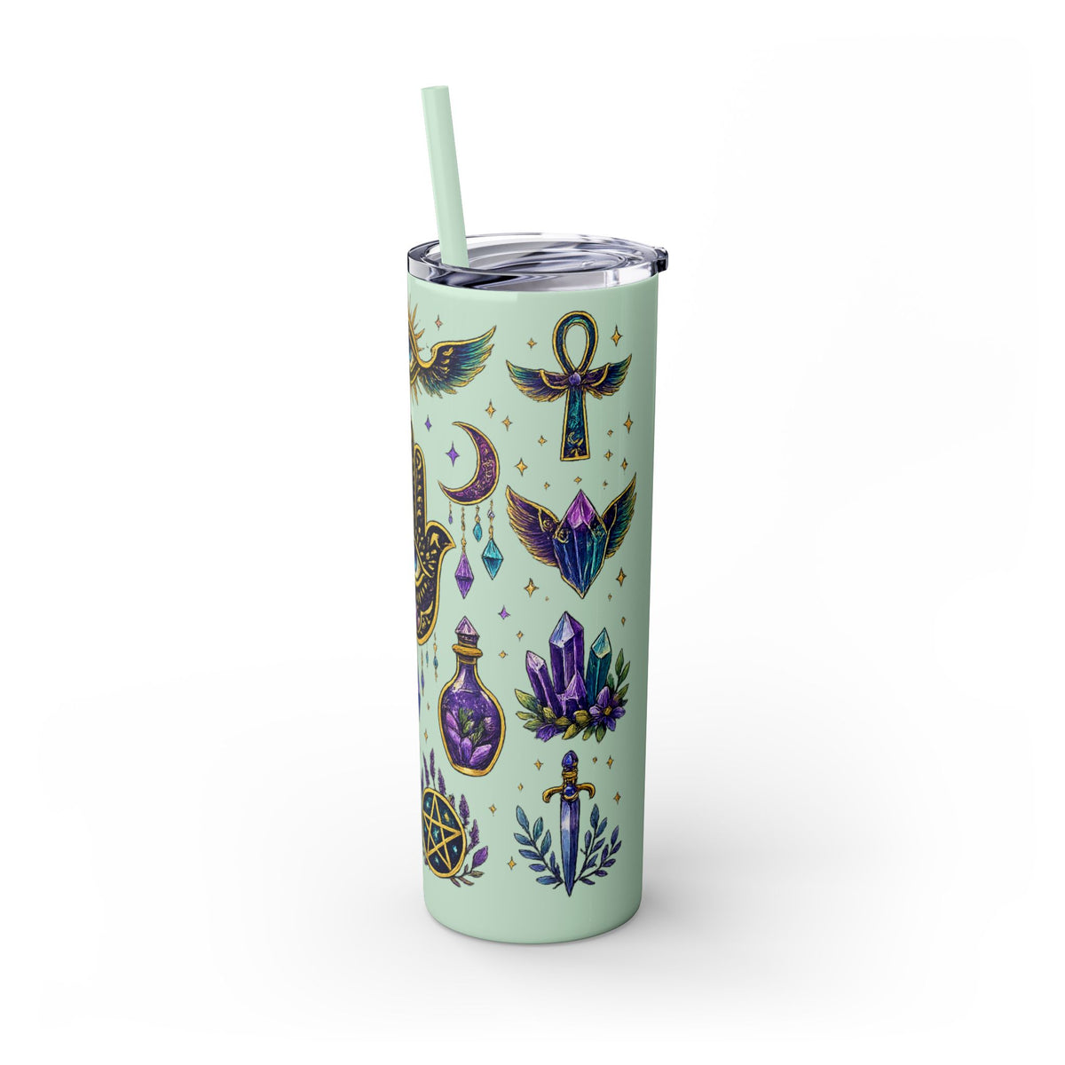 Mystic Symbols 20oz Skinny Tumbler with Straw — Hamsa, All-Seeing Eye & Moon
