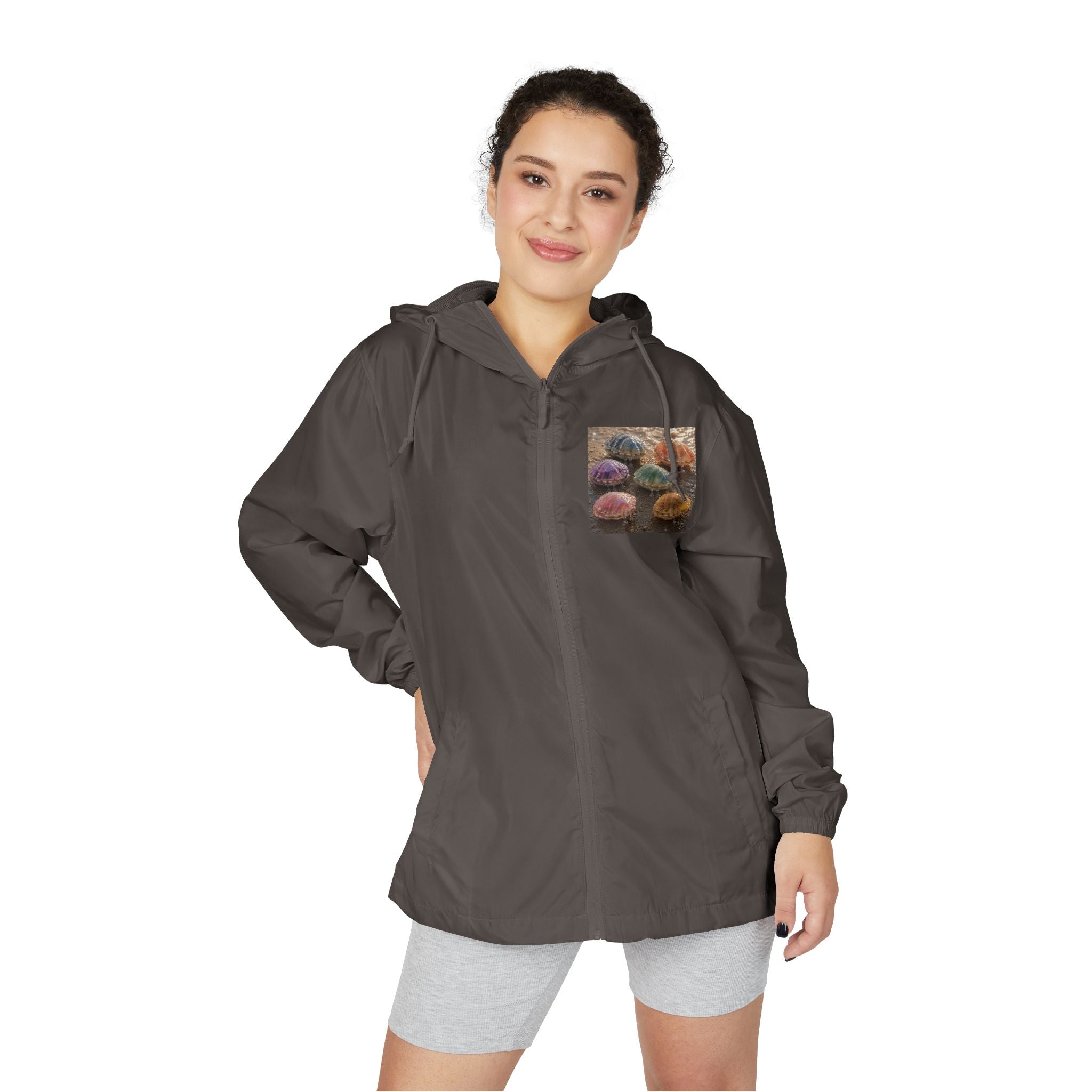 Windbreaker Jacket — Colorful Sea Urchin Pocket Print, Lightweight Hooded Shell