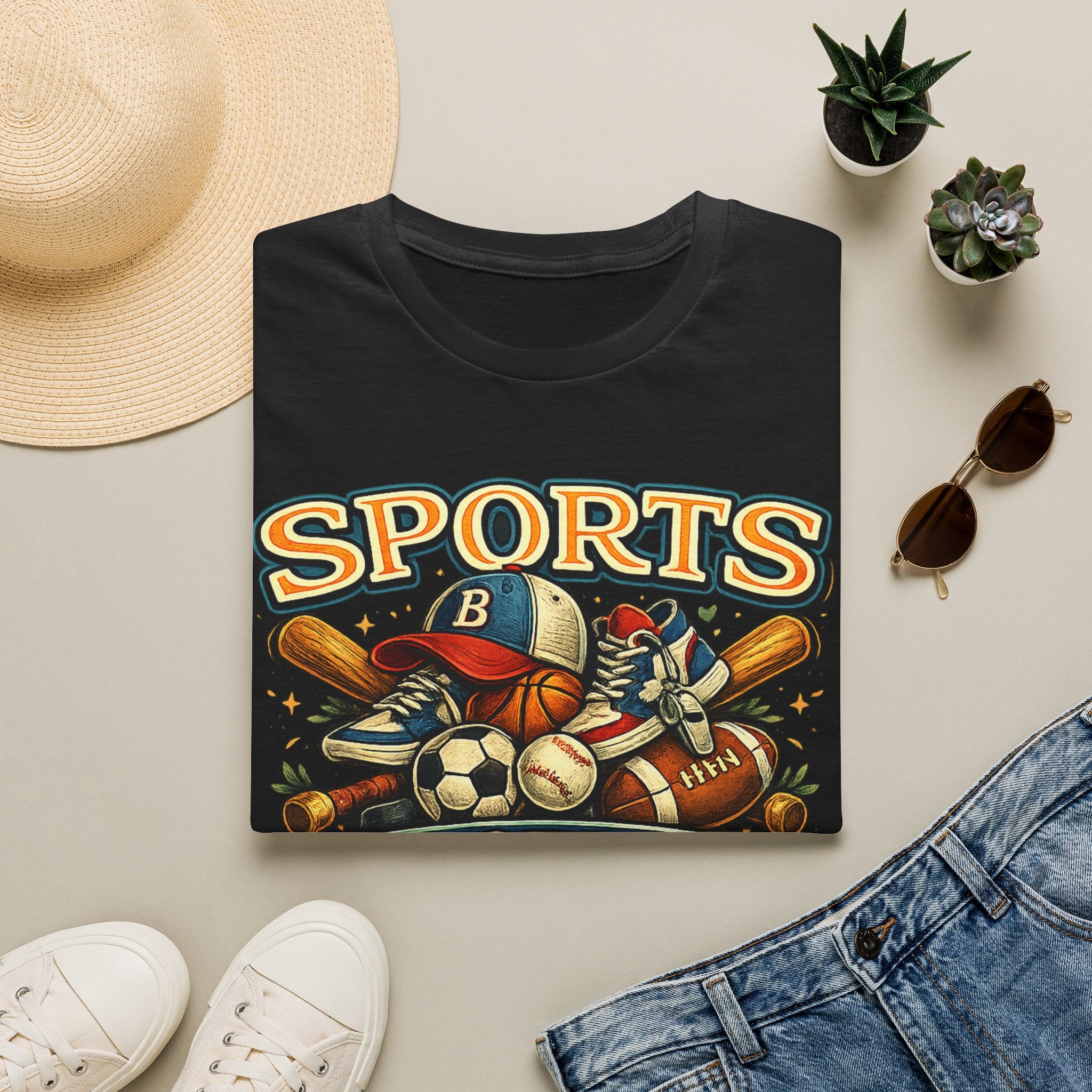 Sports Graphic T-Shirt — 'Sports' Vintage Multi-Sport Design (Baseball, Basketball, Soccer)