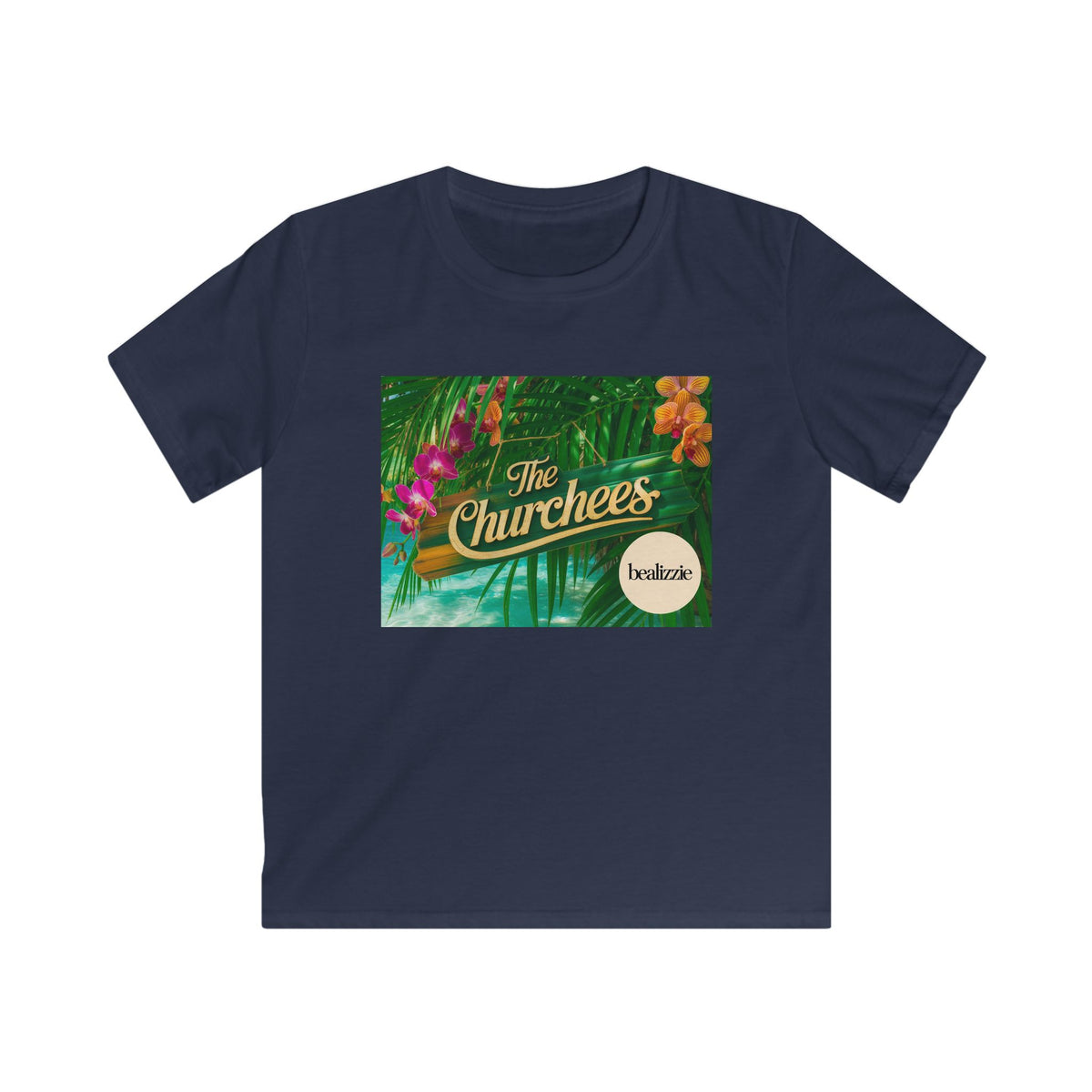 Kids Tee — Tropical 'The Churchees' Logo Shirt (Hawaiian Floral)