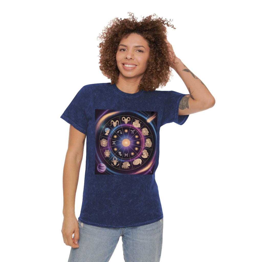 T-shirt graphique Roue du zodiaque — T-shirt délavé aux couleurs minérales Signes astrologiques