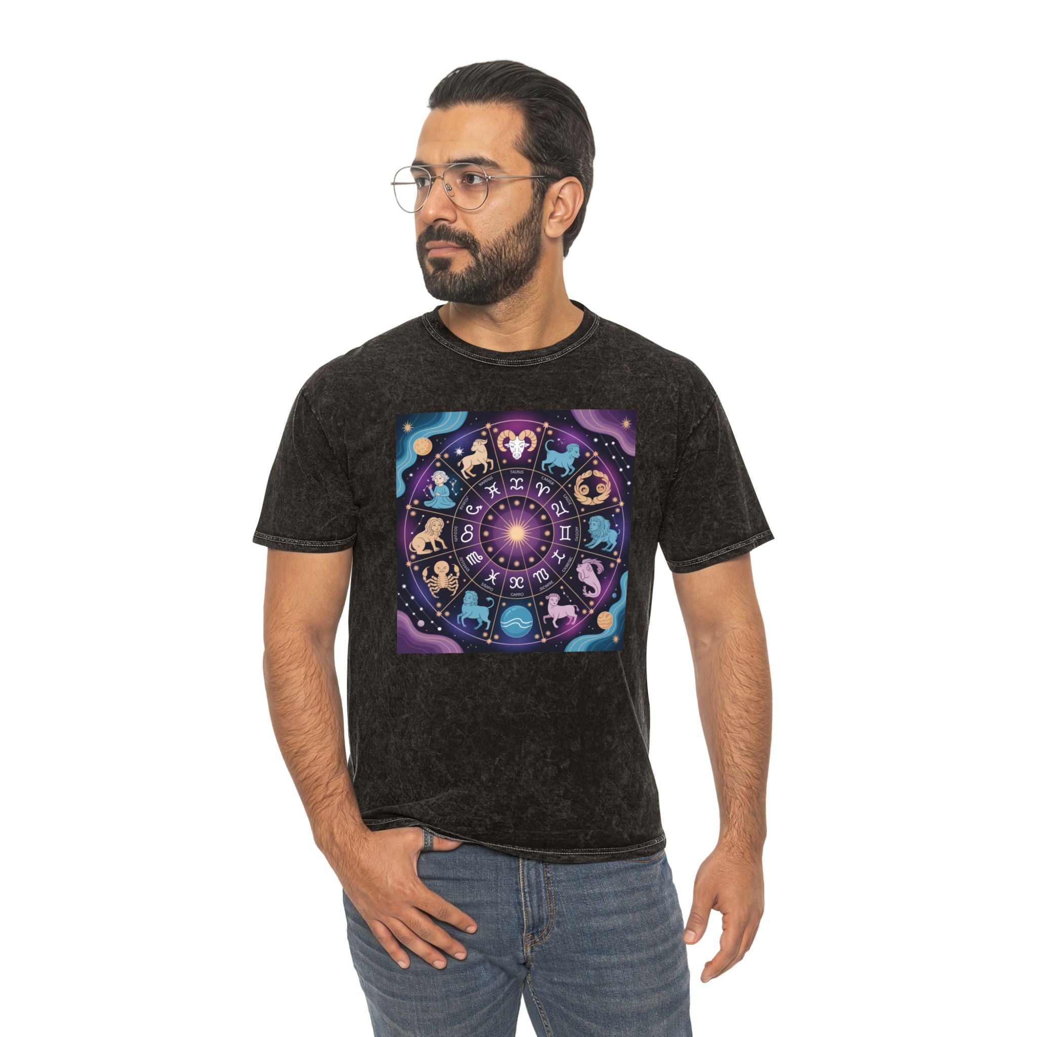 T-shirt délavé en minéraux Roue du Zodiaque – T-shirt coloré Signes astrologiques